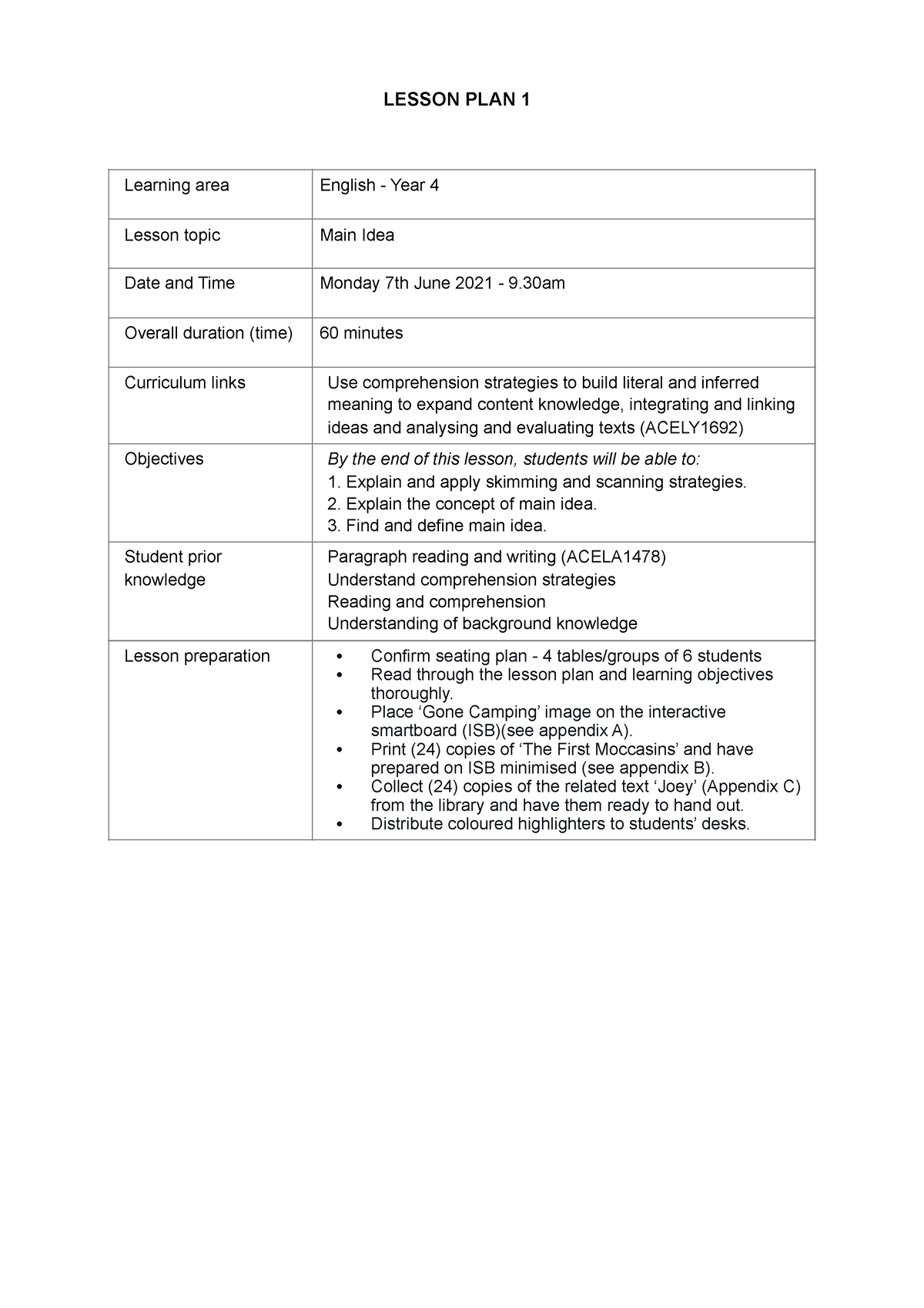 Lesson Plan One - LESSON PLAN 1 Learning area English - Year 4 Lesson ...