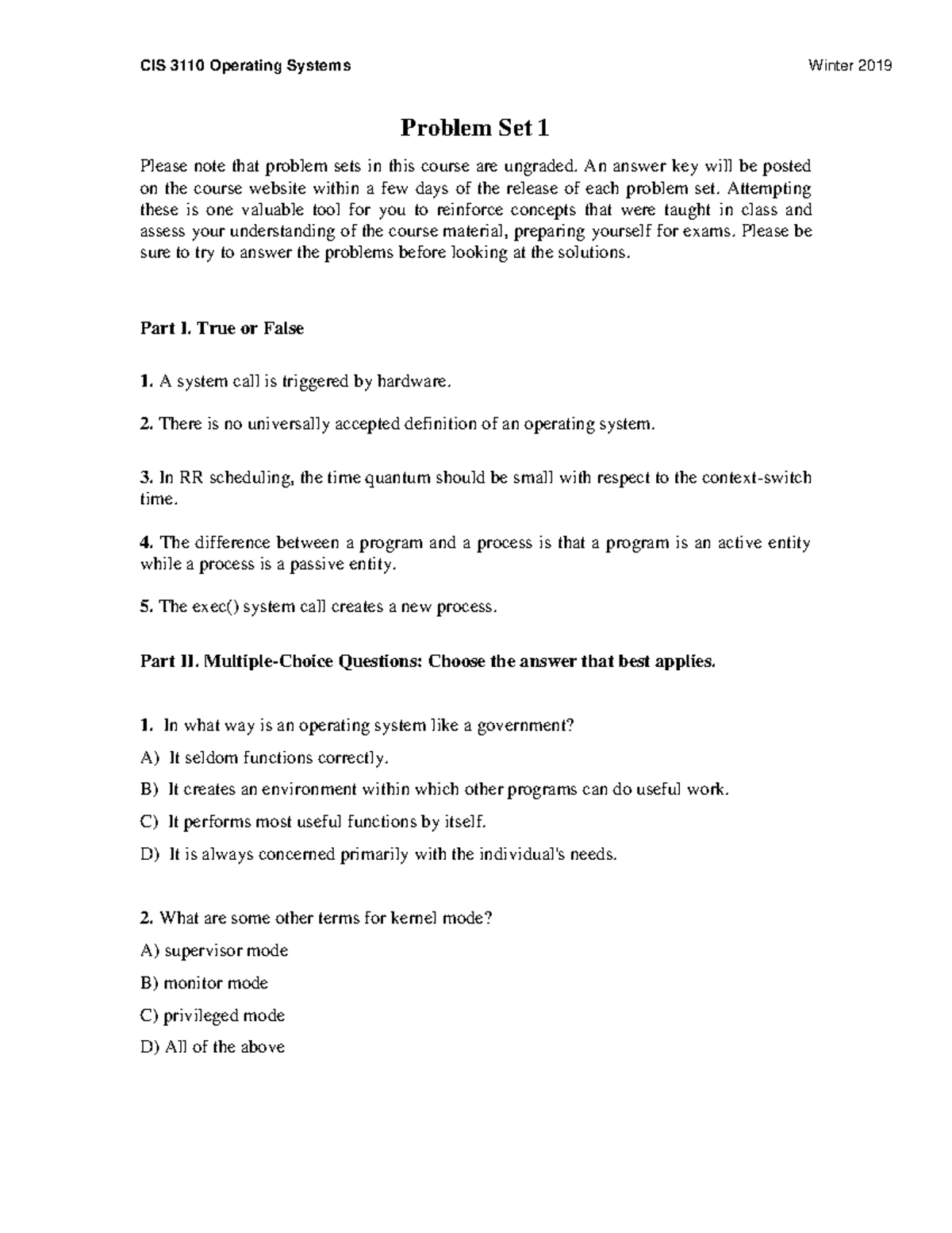 CIS 3110 Problem Set 1 2019 - CIS 3110 Operating Systems Winter 2019 ...