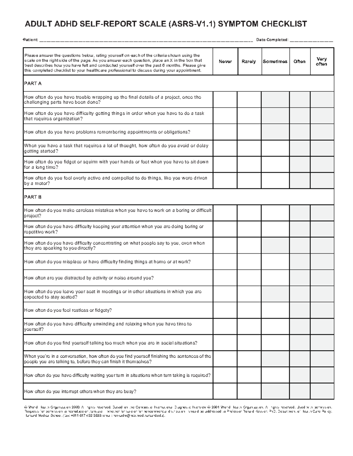 ASRS - das - ADULT ADHD SELF-REPORT SCALE (ASRS-V1) SYMPTOM CHECKLIST ...