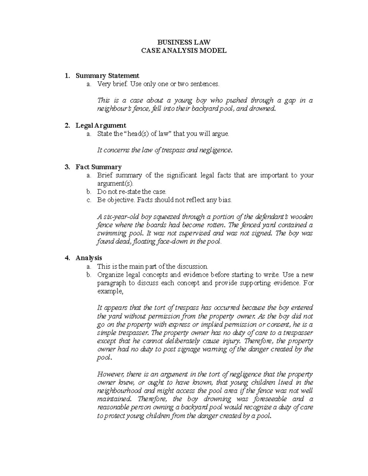 Case Analysis Model BUSINESS LAW CASE ANALYSIS MODEL 1 Summary