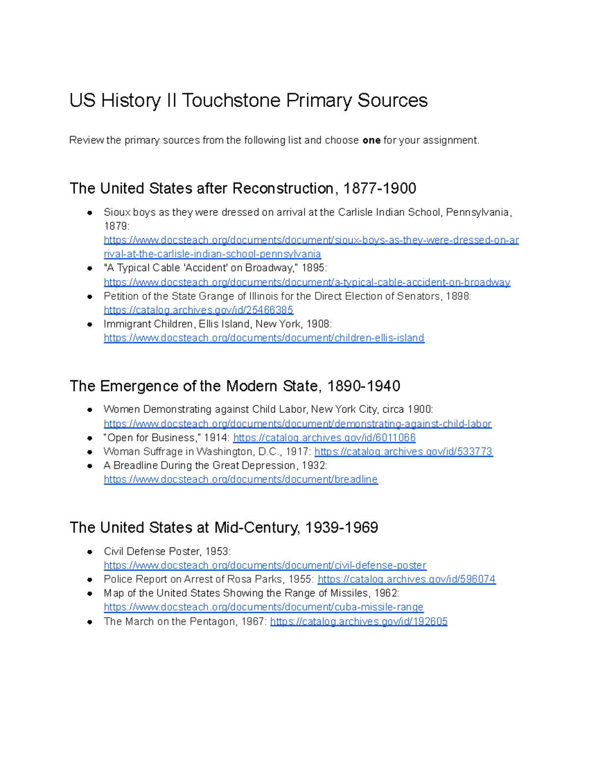 US History II Touchstone Primary Source List (1) - US History II ...