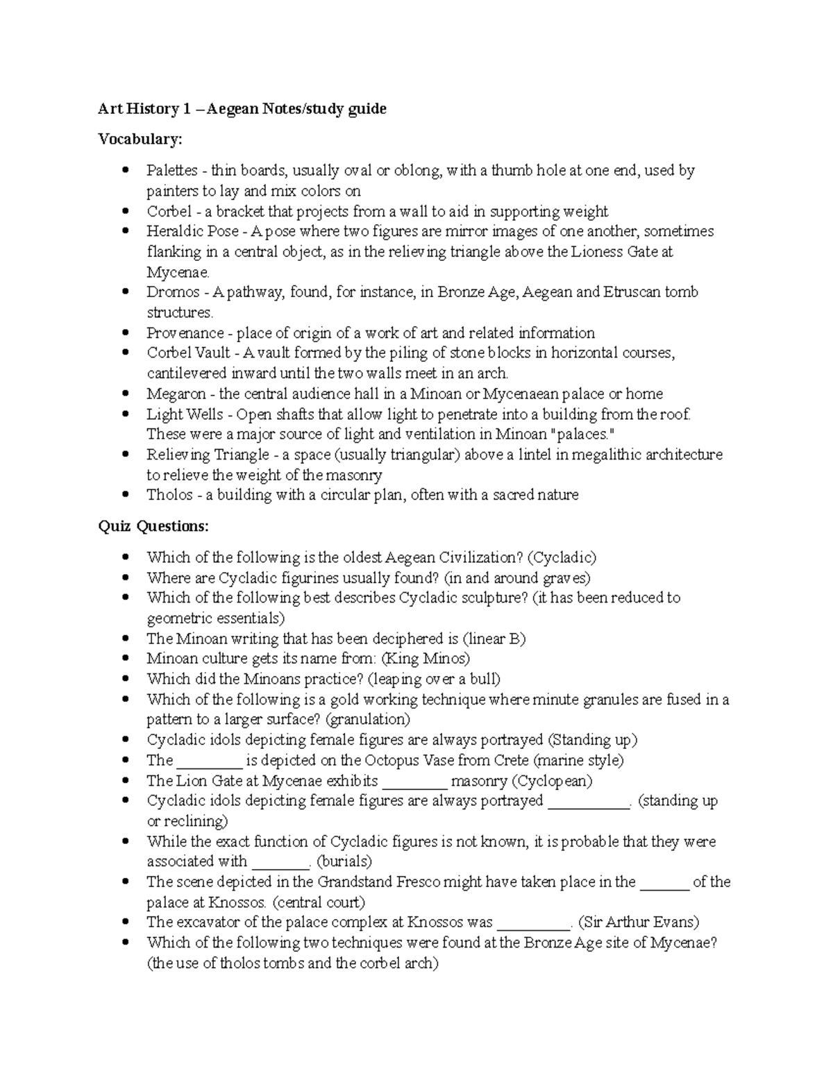 Art History Notes Aegean Art History 1 Aegean Notes/study guide