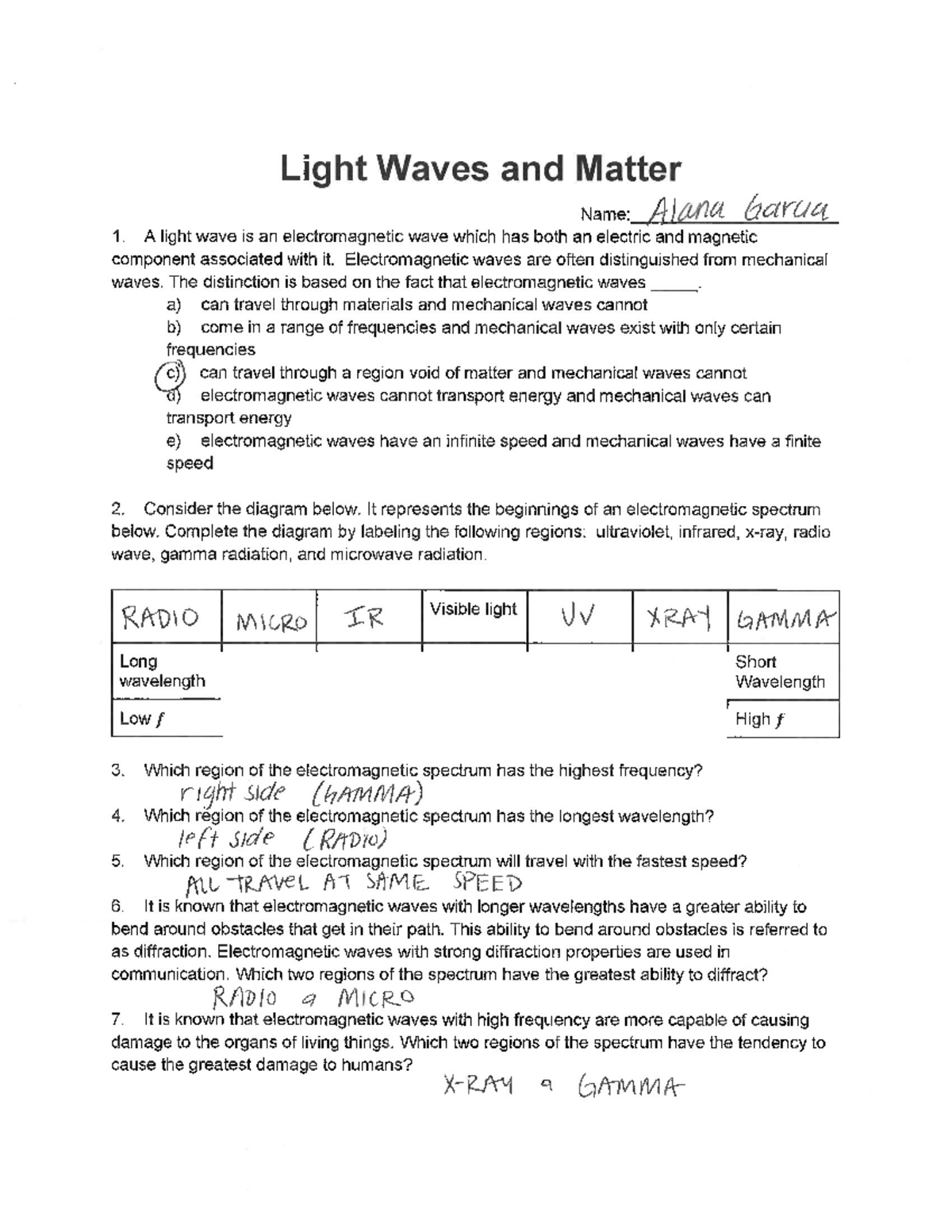 light waves and matter worksheet