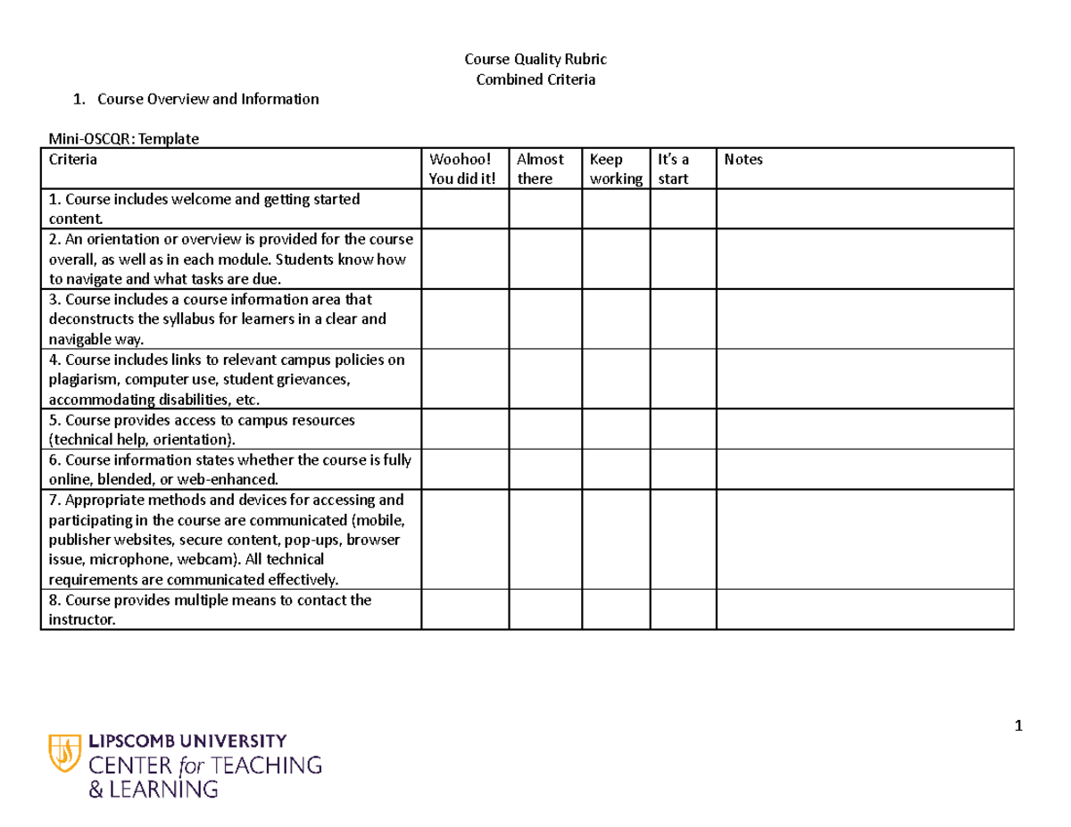 Course Quality Rubric Combined - Combined Criteria Course Overview and ...