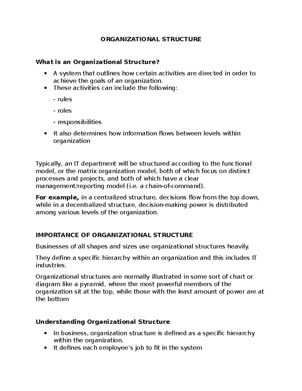 Organizational Structure - These activities can include the following ...