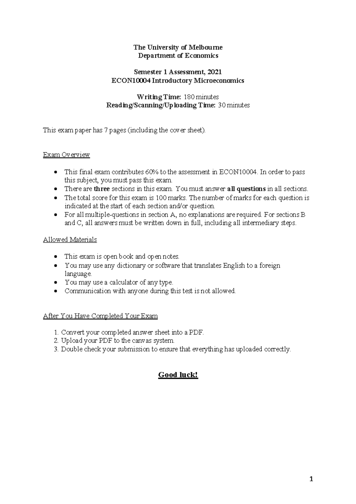 Questions Introductory Microeconomics Semester 1 2021 Final Exam ...