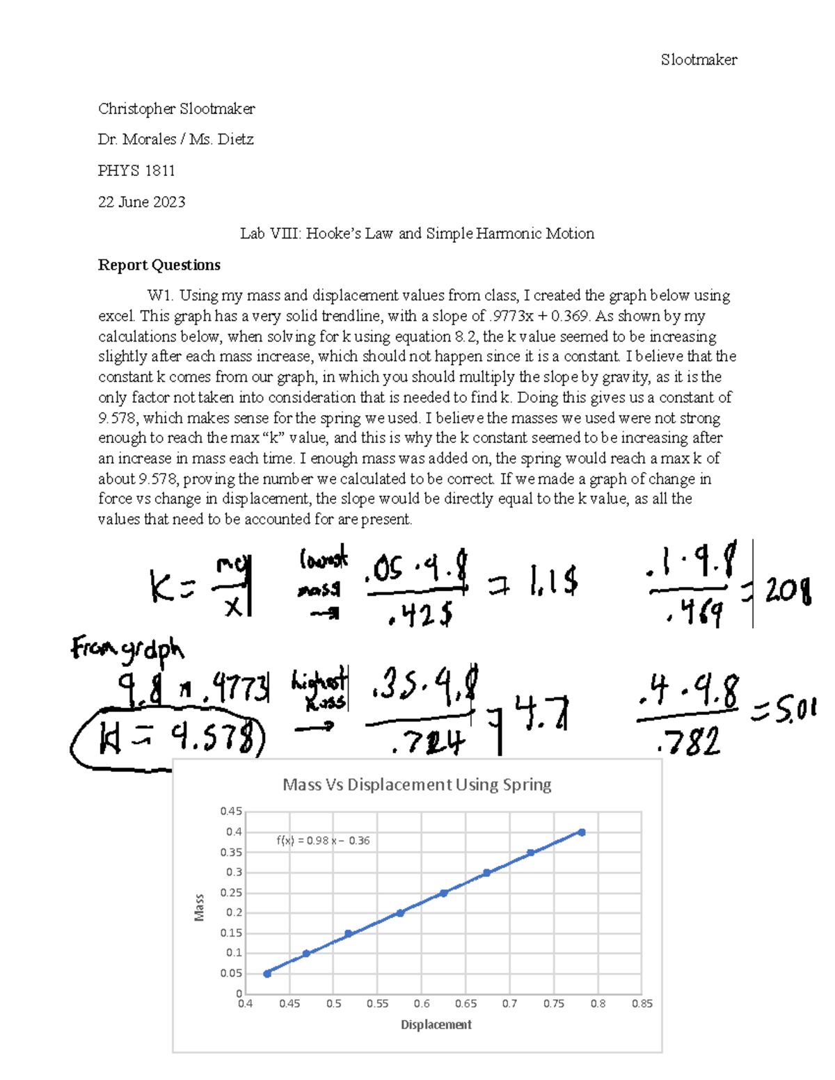Physics Lab VIII - 8th lab report - Christopher Slootmaker Dr. Morales ...