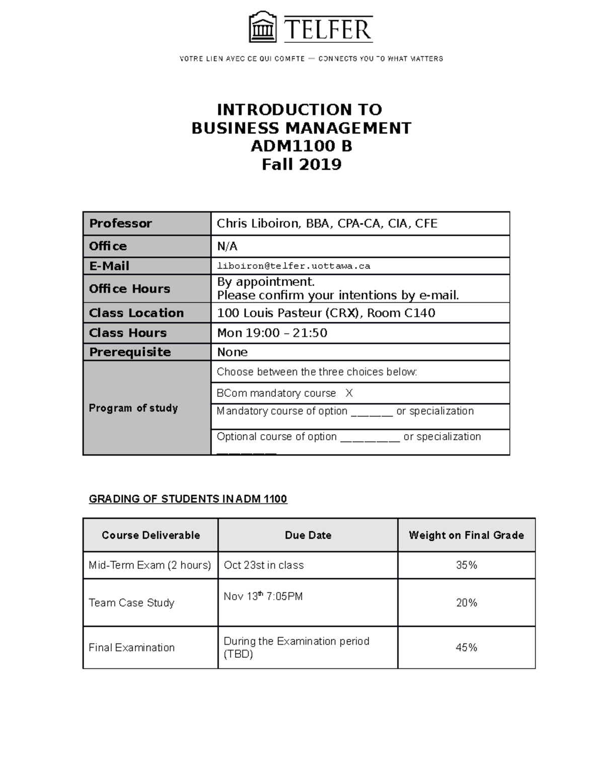 ADM 1100 Course Outline Fall 2019 Final - INTRODUCTION TO BUSINESS ...