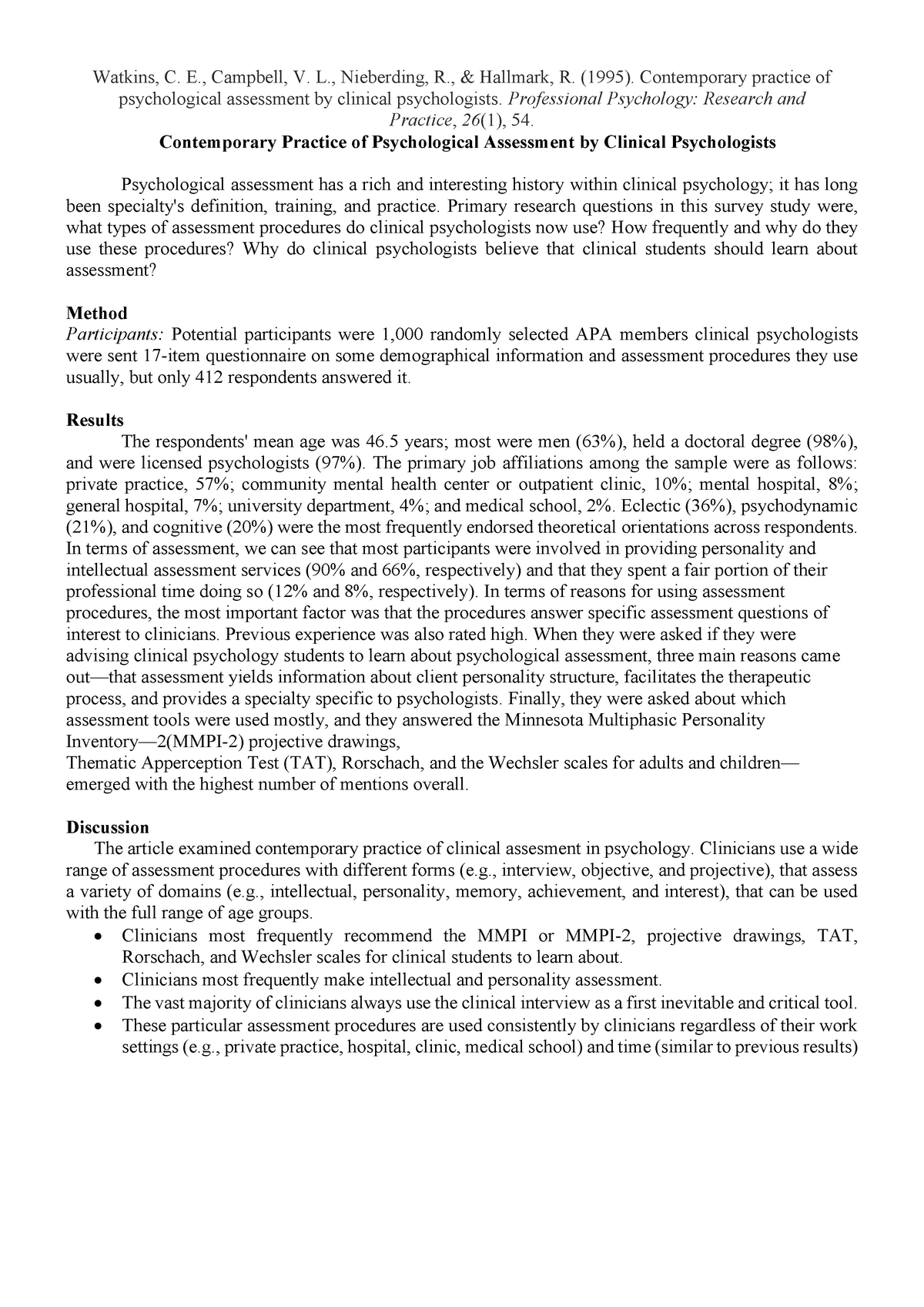 Gr10 Clinical Assessment - Watkins, C. E., Campbell, V. L., Nieberding ...