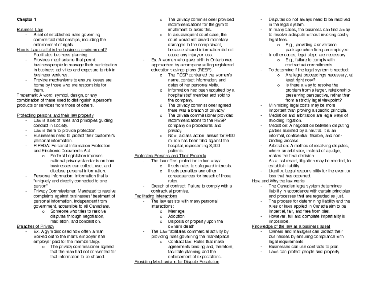 Business Law Midterm - Chapter 1 Business Law - A set of established ...