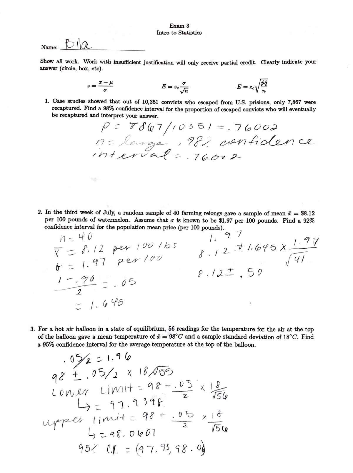 Statistics test 3 - Name: fo i\CL Exam Intro to Statistics Show all ...