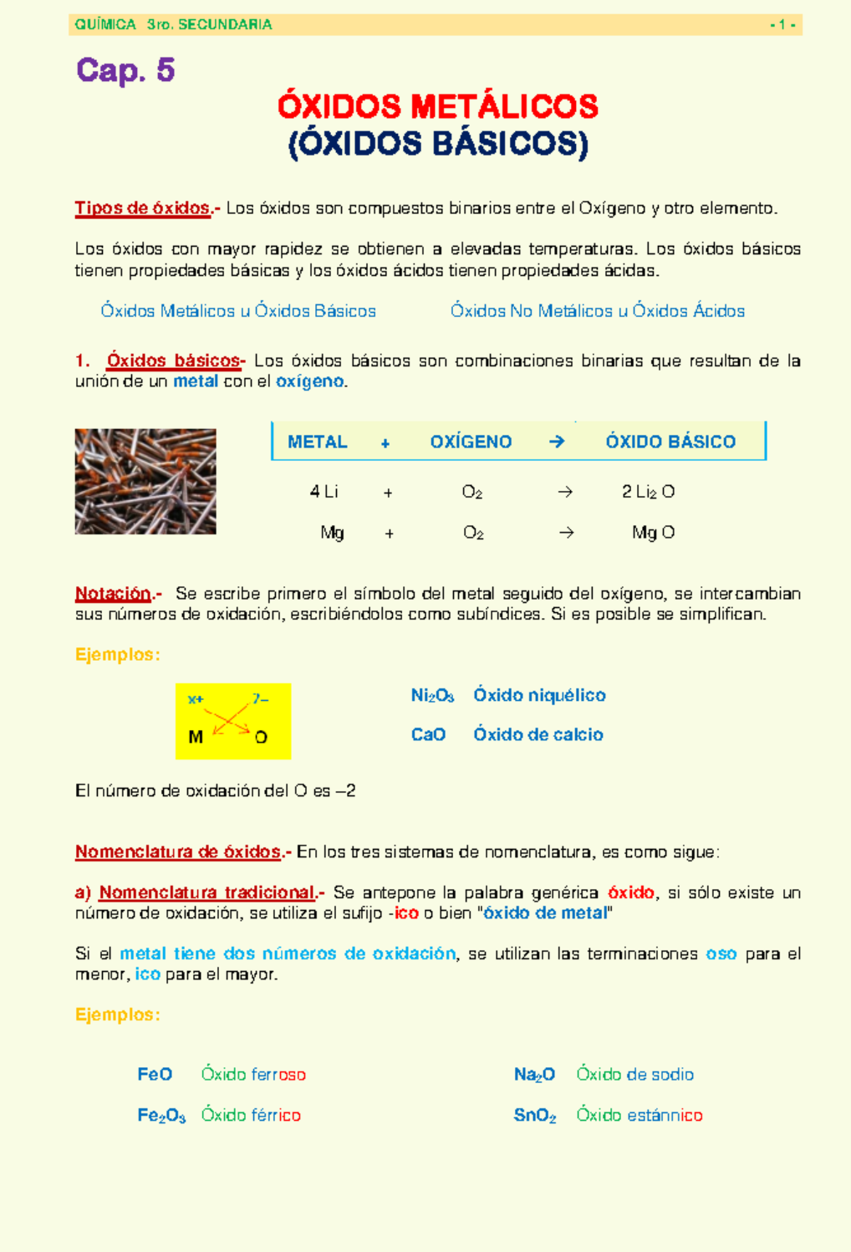 5. Oxidos Metálicos - QUÍMICA 3 ro. SECUNDARIA - 1 - Cap. 5 ÓXIDOS ...