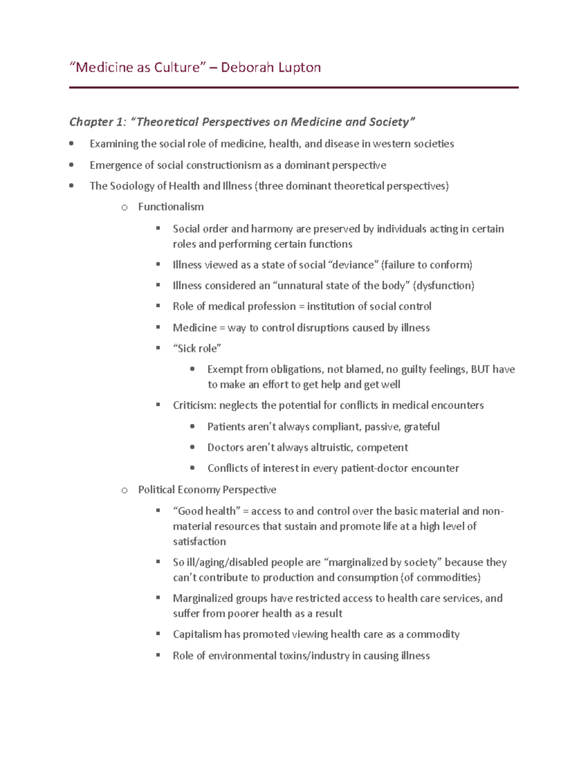 Docx (11) - summaries - “Medicine as Culture” – Deborah Lupton Chapter ...