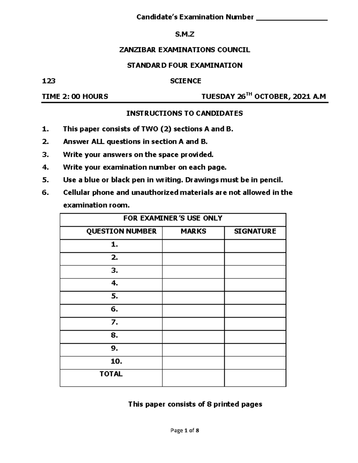 Science S4 ZEC 2021 - Lecture Notes - S.M ZANZIBAR EXAMINATIONS COUNCIL ...