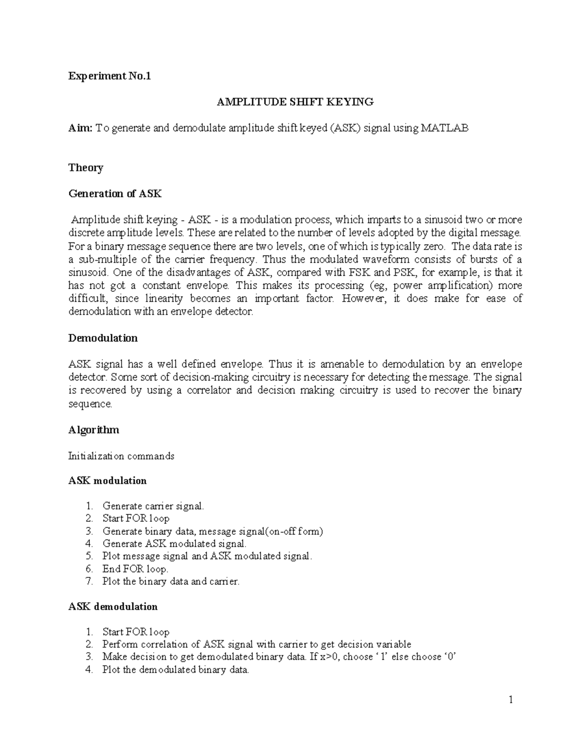 Comm lab manual final - Laboratory - Experiment No. AMPLITUDE SHIFT ...