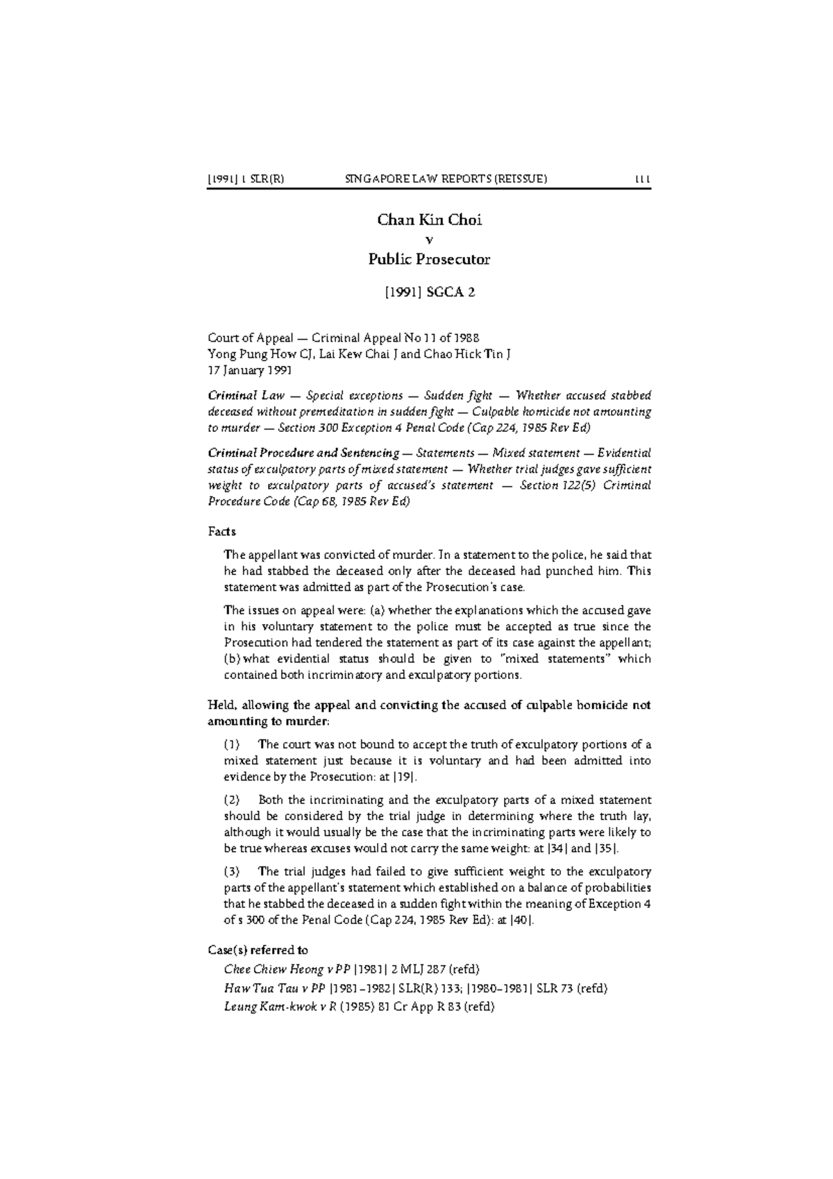 Chan Kin Choi v PP [1991] SGCA 2 - [1991] 1 SLR(R) SINGAPORE LAW ...