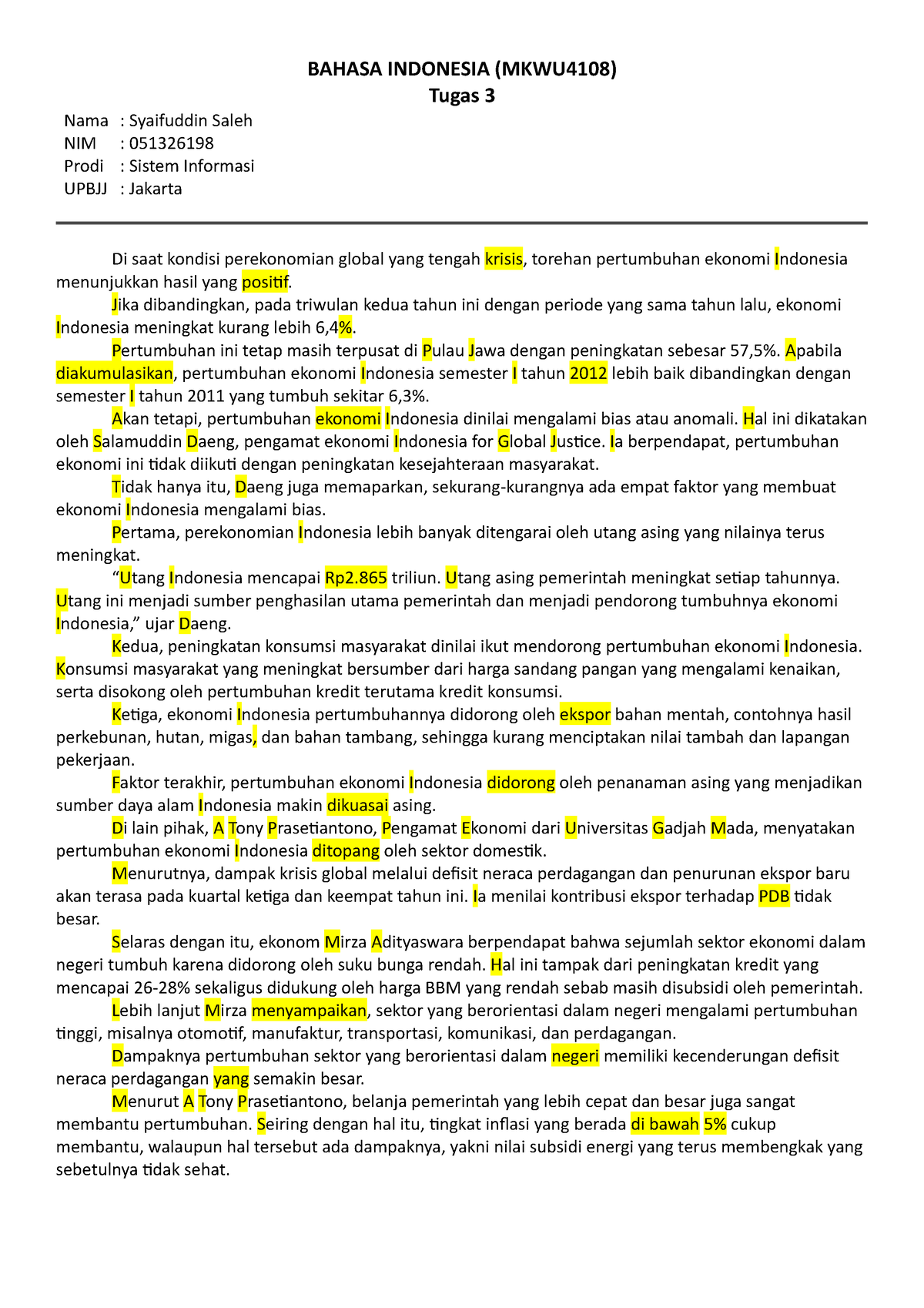 Tugas 2 Bahasa Indonesia - BAHASA INDONESIA (MKWU 4108 ) Tugas 3 Nama ...