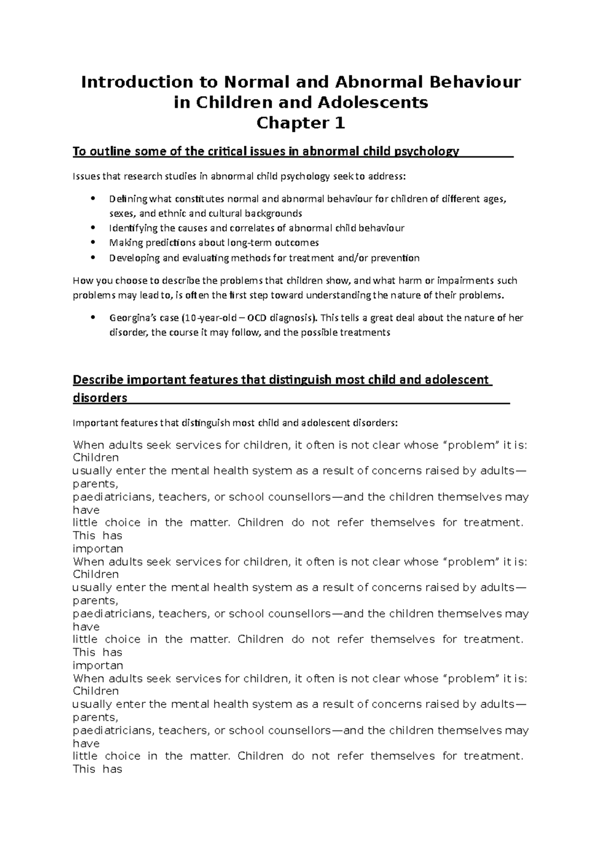 Chapter 1 Notes - Introduction to Normal and Abnormal Behaviour in ...