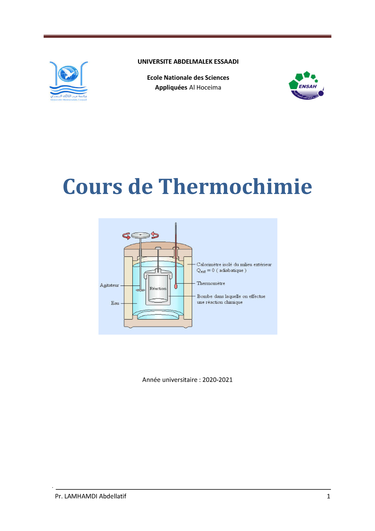 Chi2 Ther Cours 2021 - Thermochimie - Cours De Thermochimie Année ...