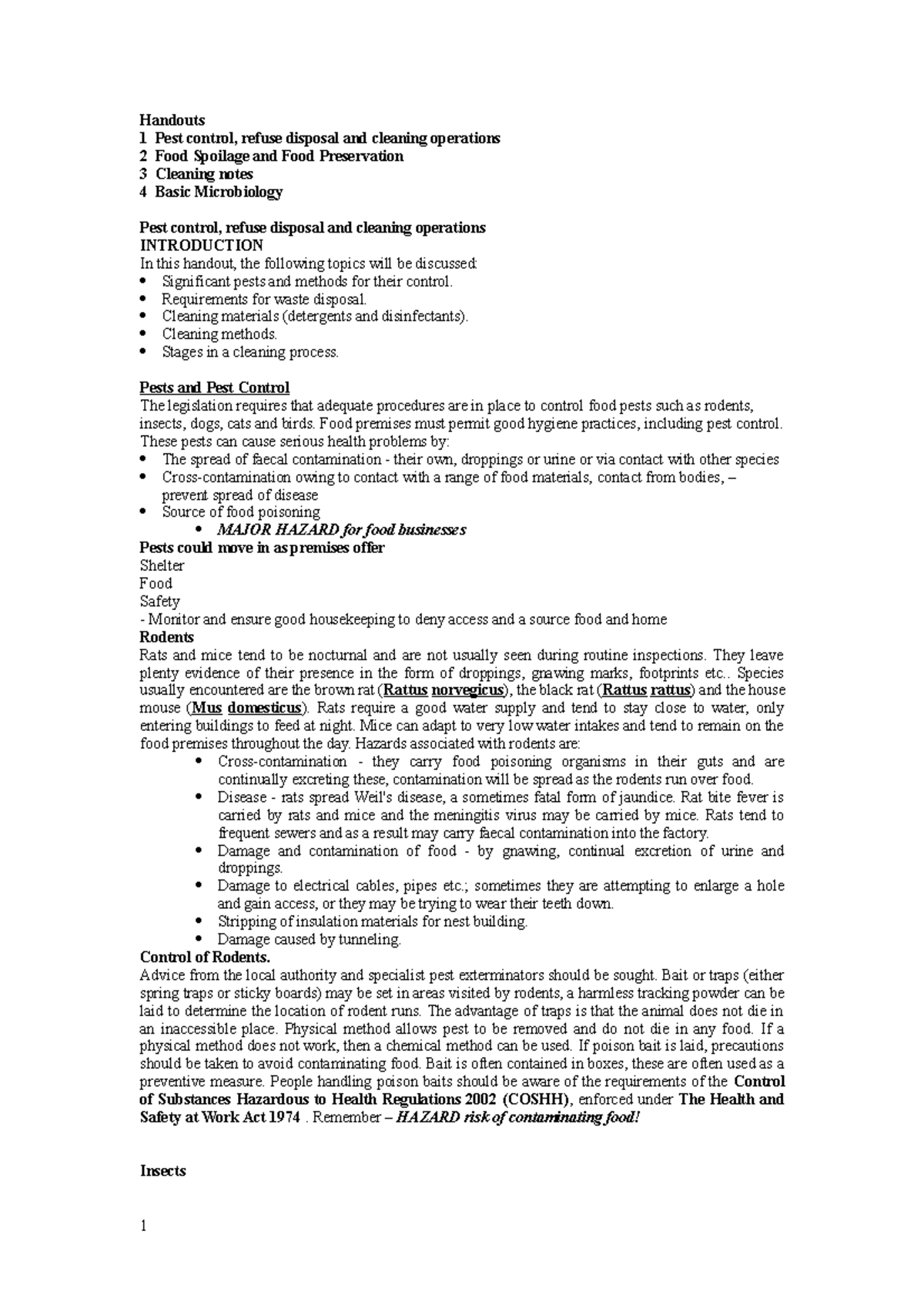 Handouts 13 - Handouts 1 Pest control, refuse disposal and cleaning ...