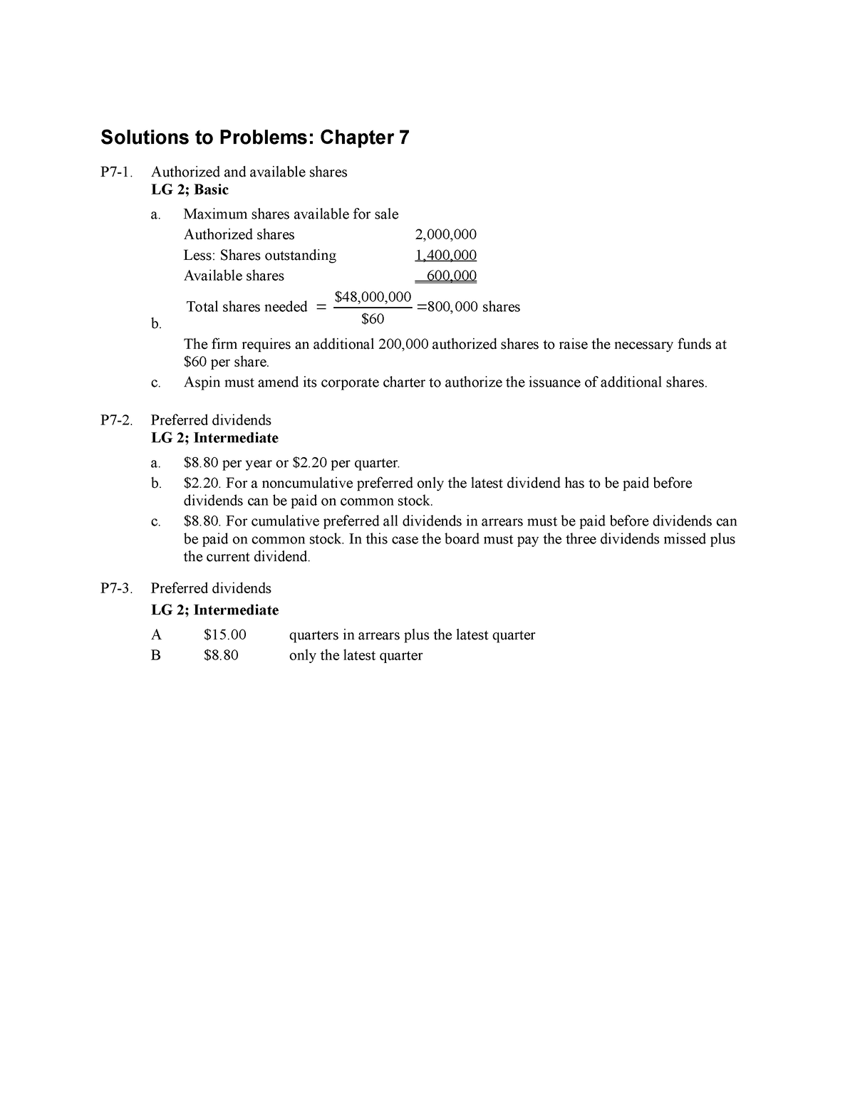 Chapter 7 Solutions - Solutions To Problems: Chapter 7 P7-1. Authorized ...