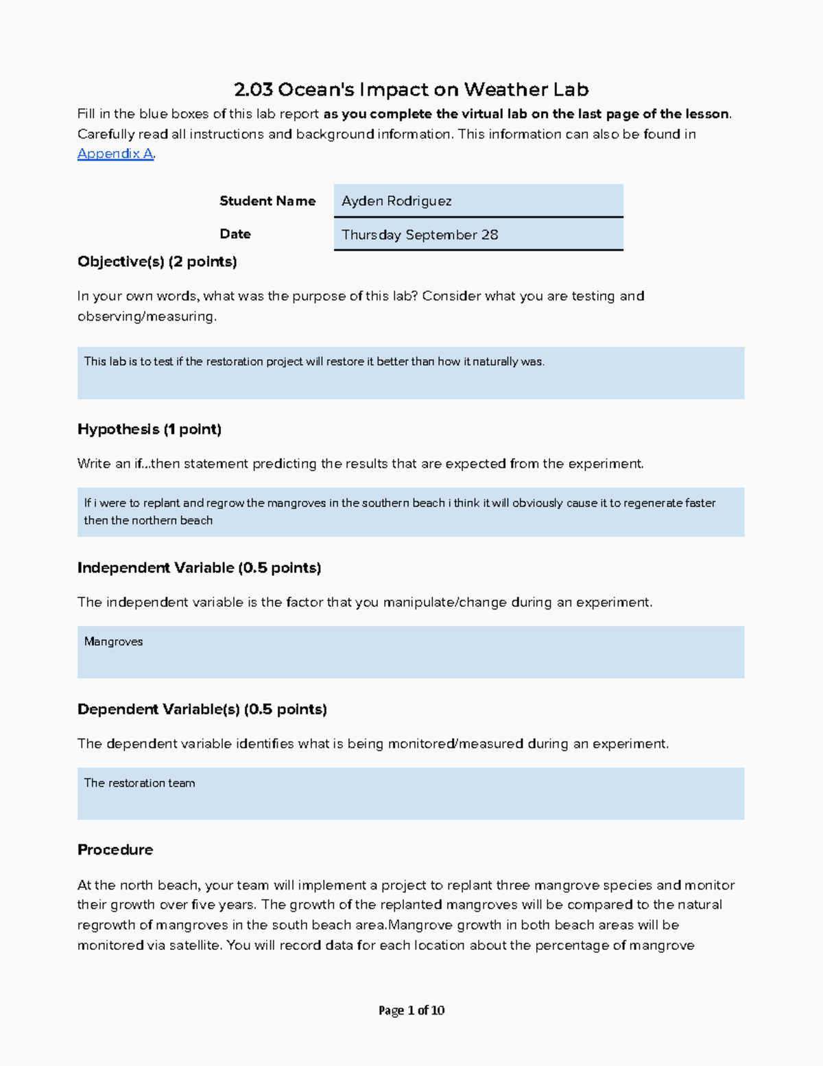 Copy of 2.03 Lab Report Template Rev 2022 2 - 2 Ocean's Impact on ...