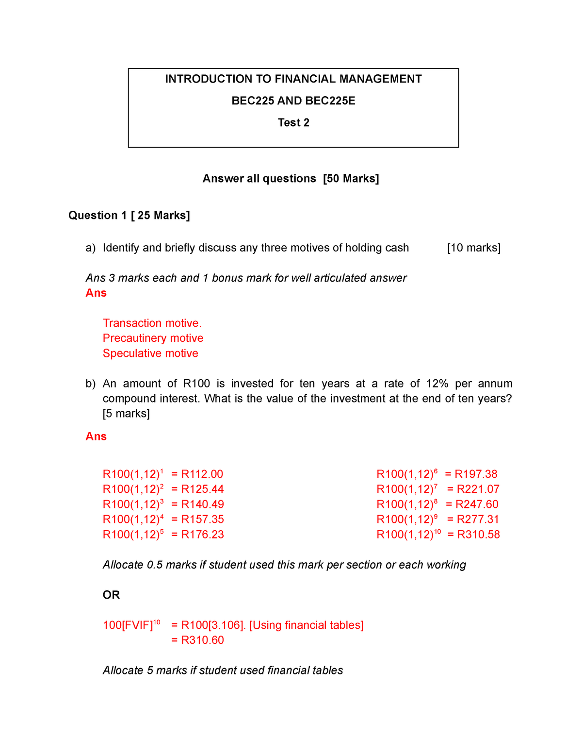 BEC 225 TEST 2 OCT MEMO 1 - Practice Questions With Solutions - Answer ...