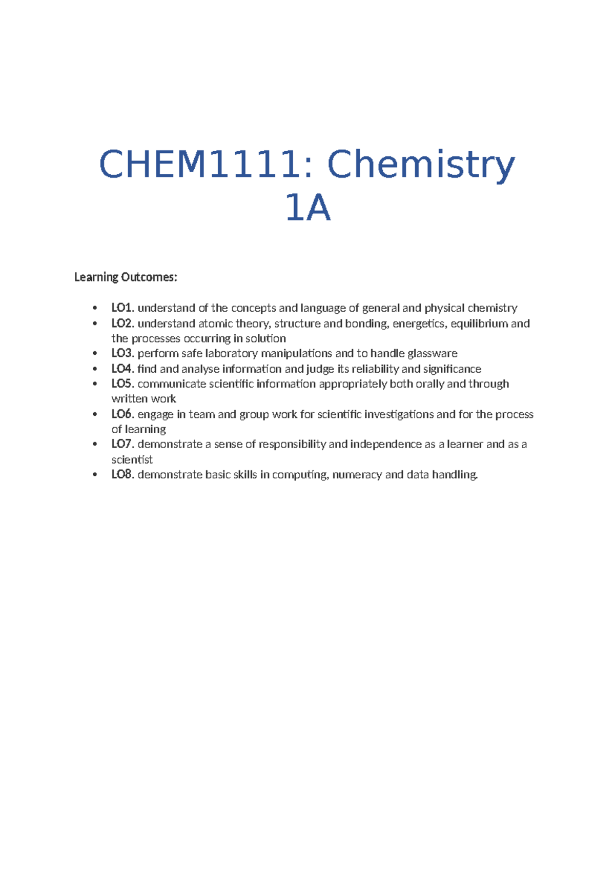 CHEM1111 Lecture Notes - CHEM1111: Chemistry 1A Learning Outcomes: LO1 ...