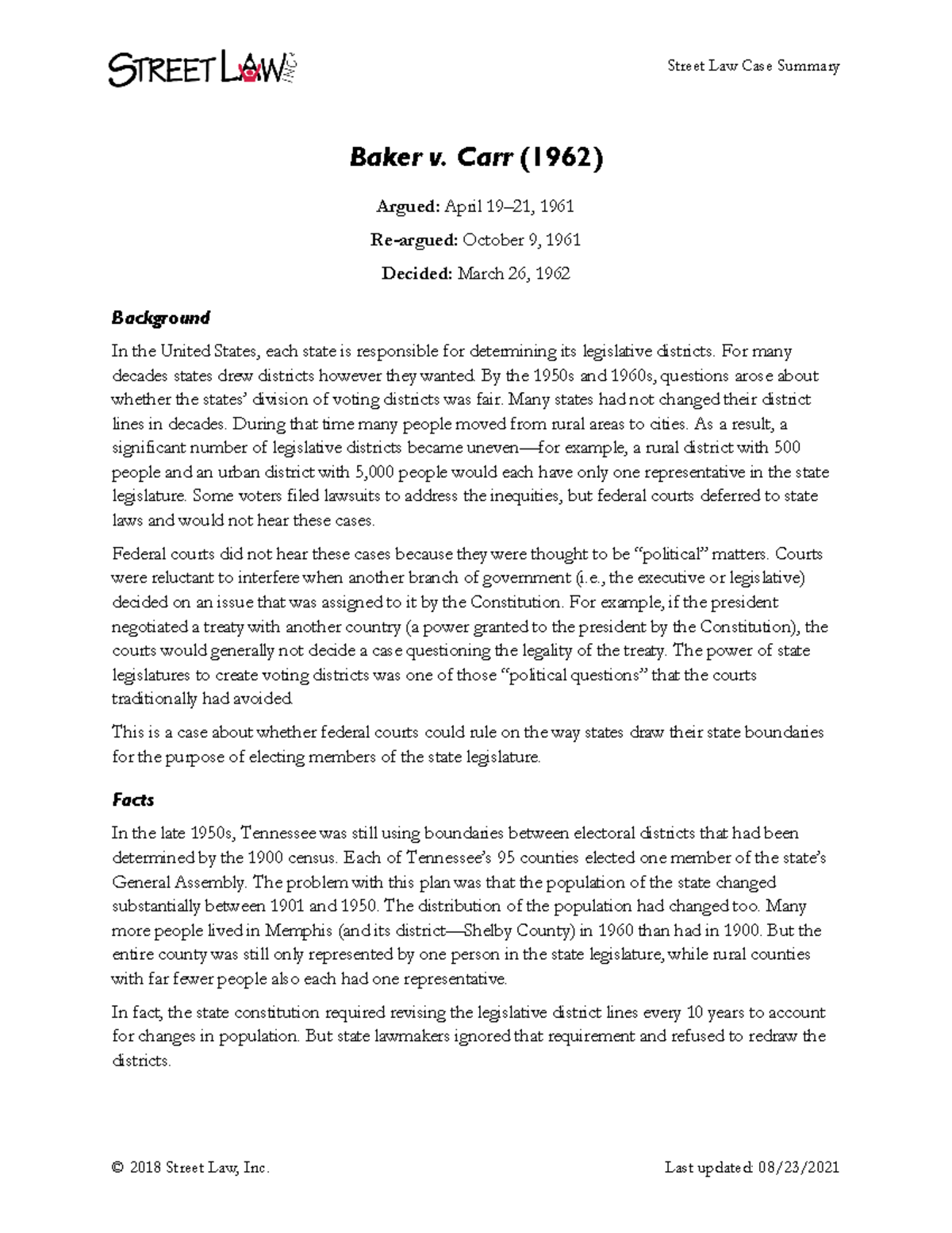 Bakerv Baker v Carr street law Street Law Case Summary © 2018