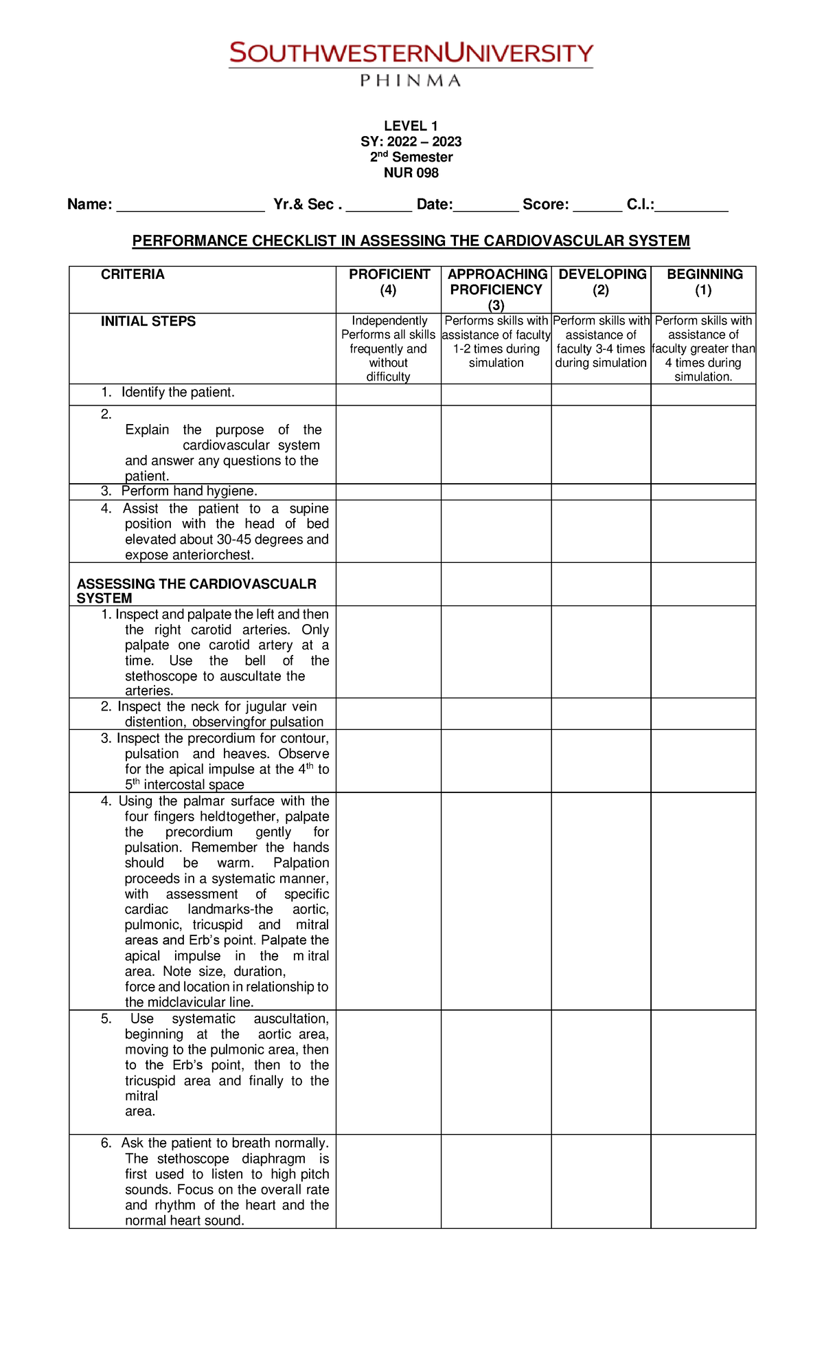 Performance Checklist IN Assessing THE Cardiovascular System - bs ...