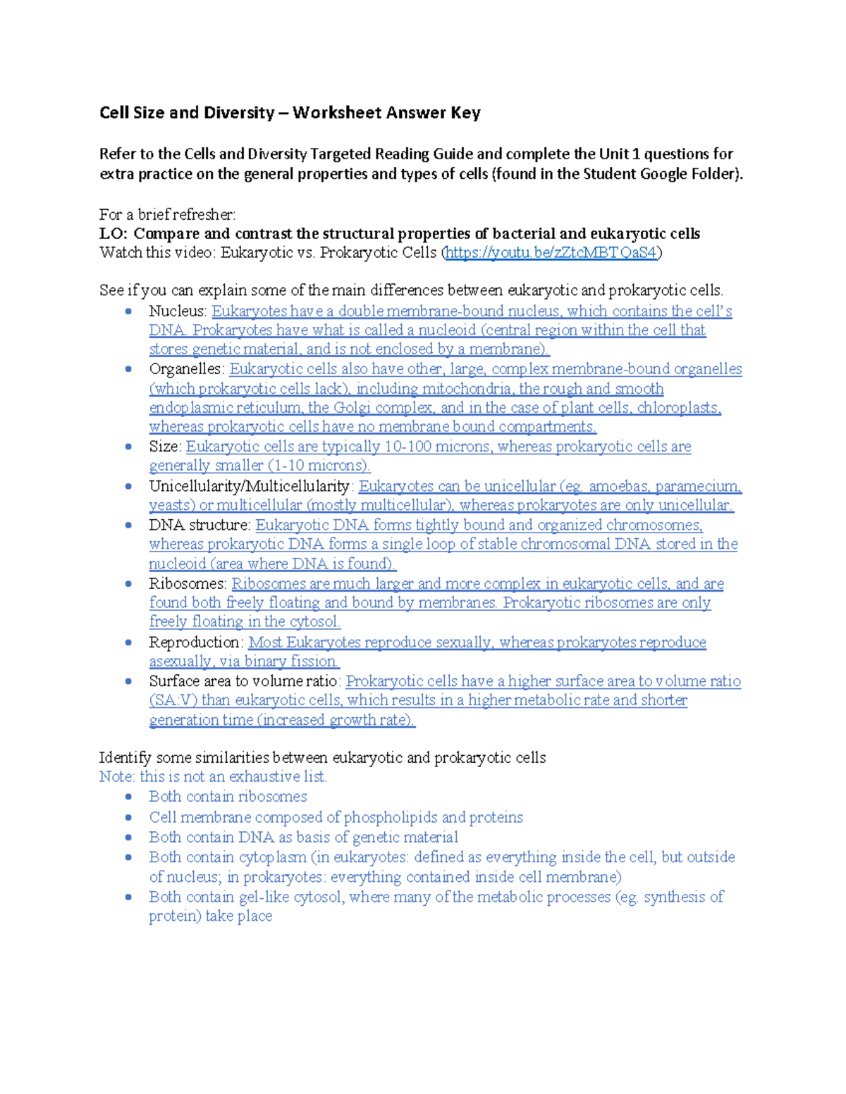 Cell+Size+and+Diversity+Worksheet+-+Answer+Key - Cell Size and ...