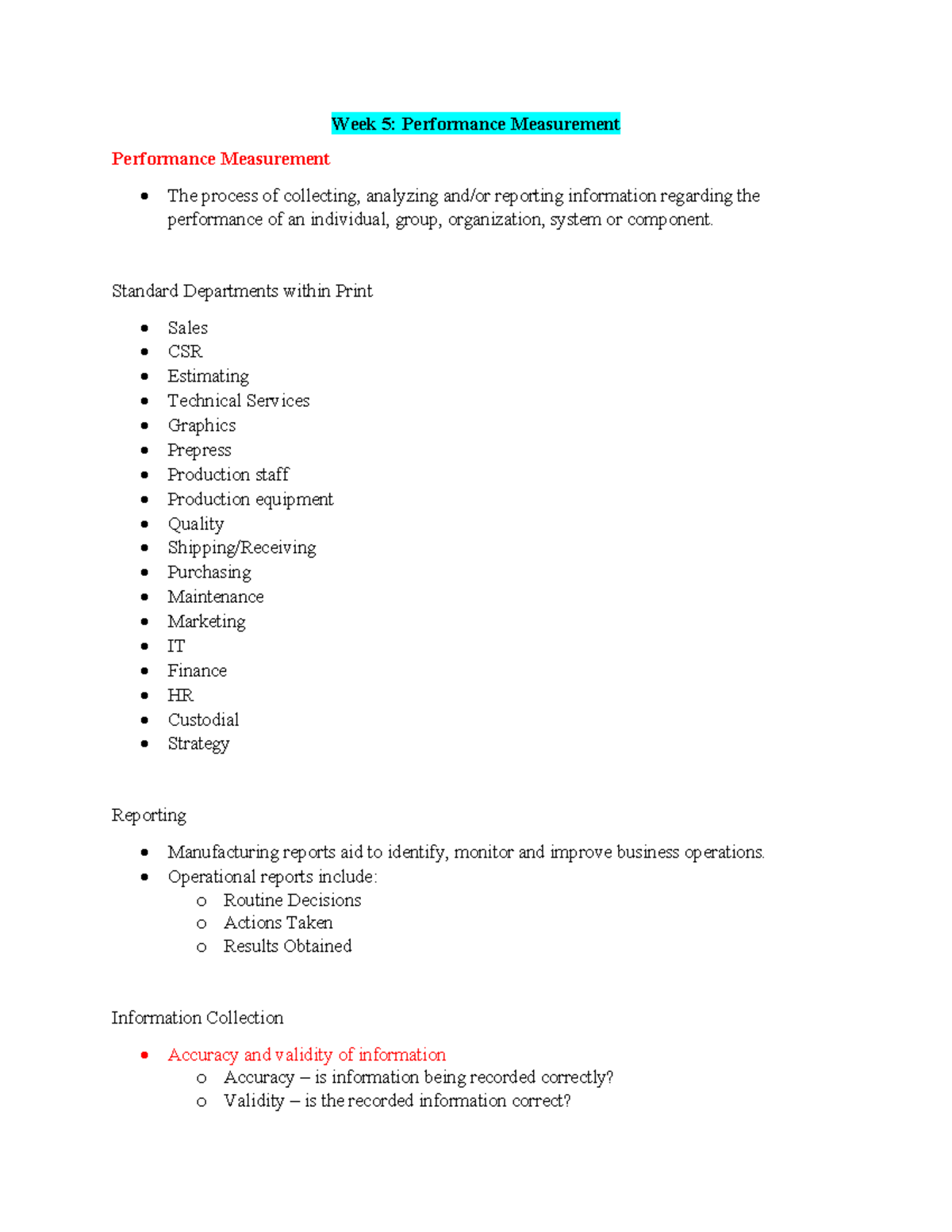 Week 5 notes - Week 5: Performance Measurement Performance Measurement ...