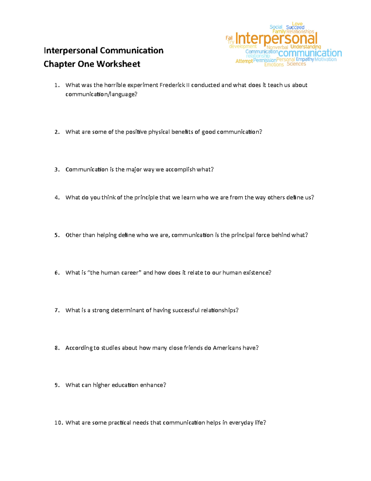 1-Chapter One Worksheet - Interpersonal CommunicationChapter One ...
