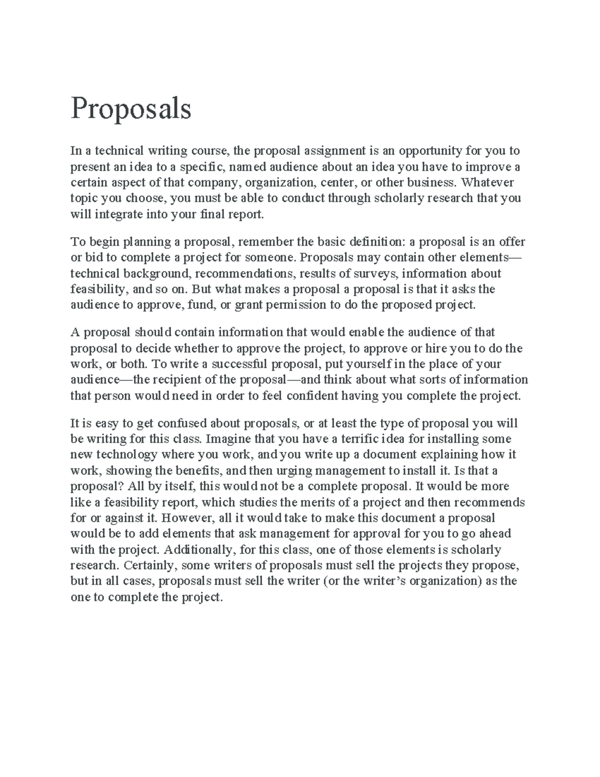 Proposal Writing - Proposals In a technical writing course, the ...