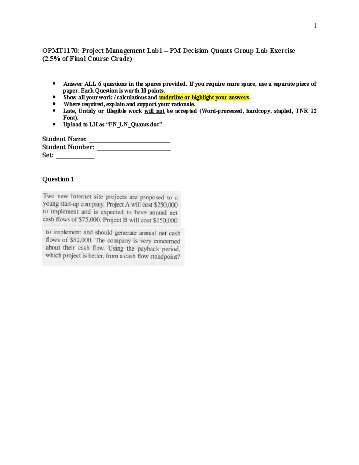 Lab1 Quants Ex - lab questions - OPMT1170: Project Management Lab1 – PM ...