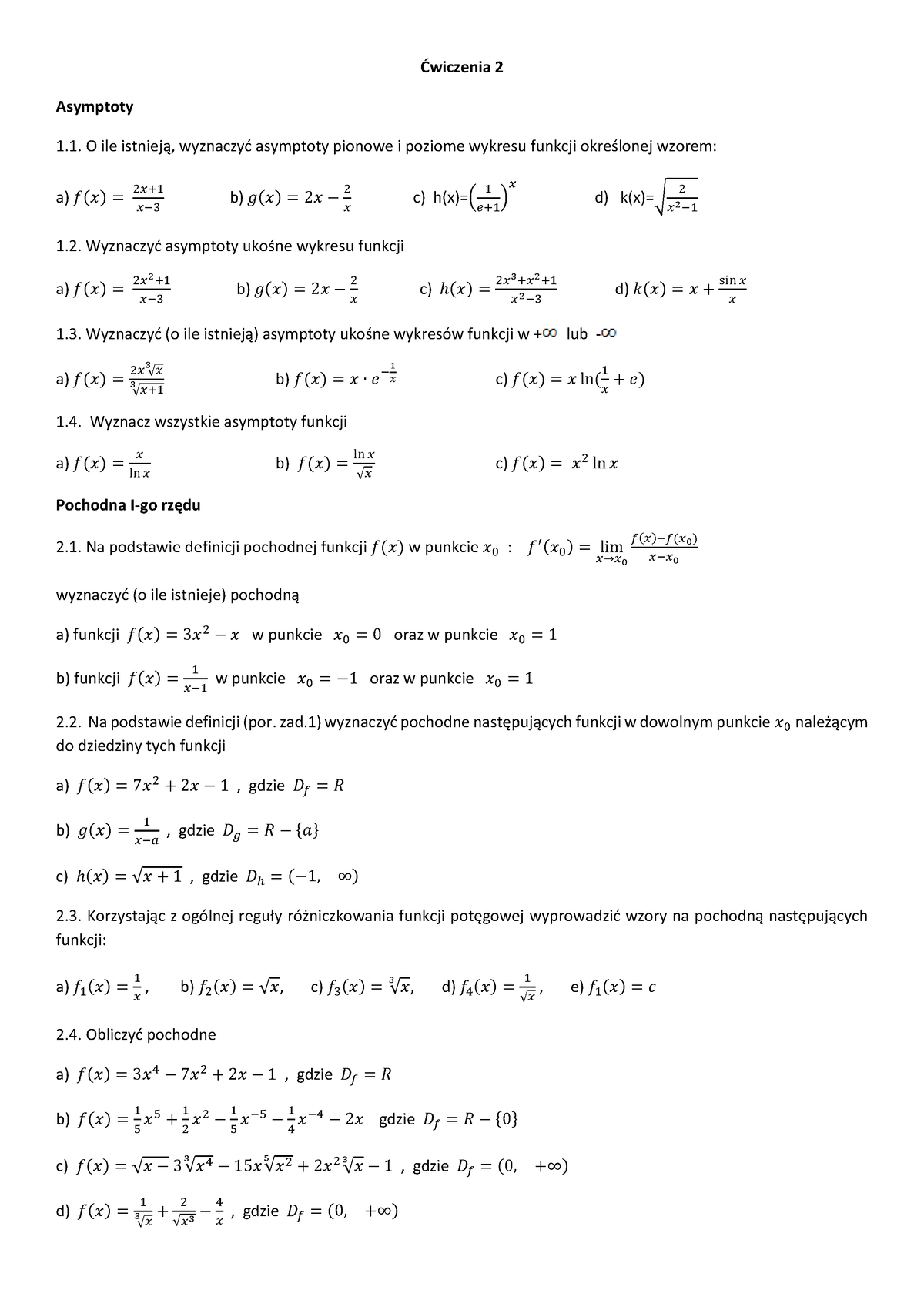 Cwiczenia 2 Ćwiczenia 2 Asymptoty O Ile Istnieją Wyznaczyć Asymptoty Pionowe I Poziome 7057