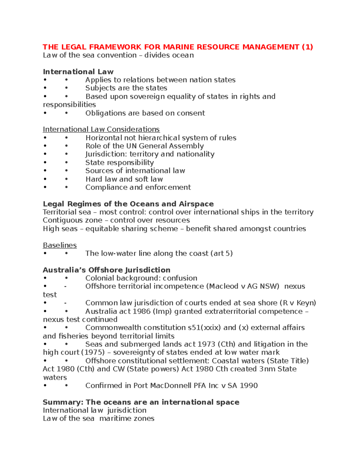 Marine law notes THE LEGAL FRAMEWORK FOR MARINE RESOURCE MANAGEMENT