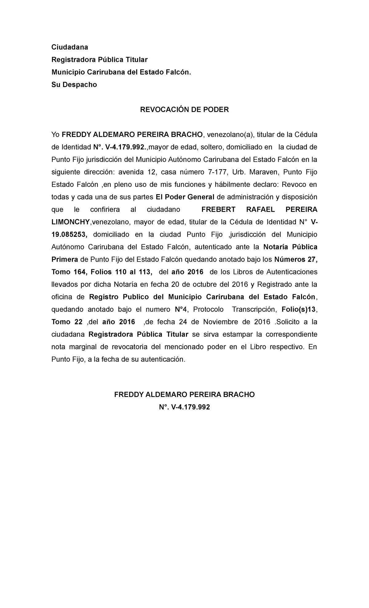 Revocacion De Poder Notariado Fredy Pereira Ciudadana Registradora Pública Titular Municipio 5872