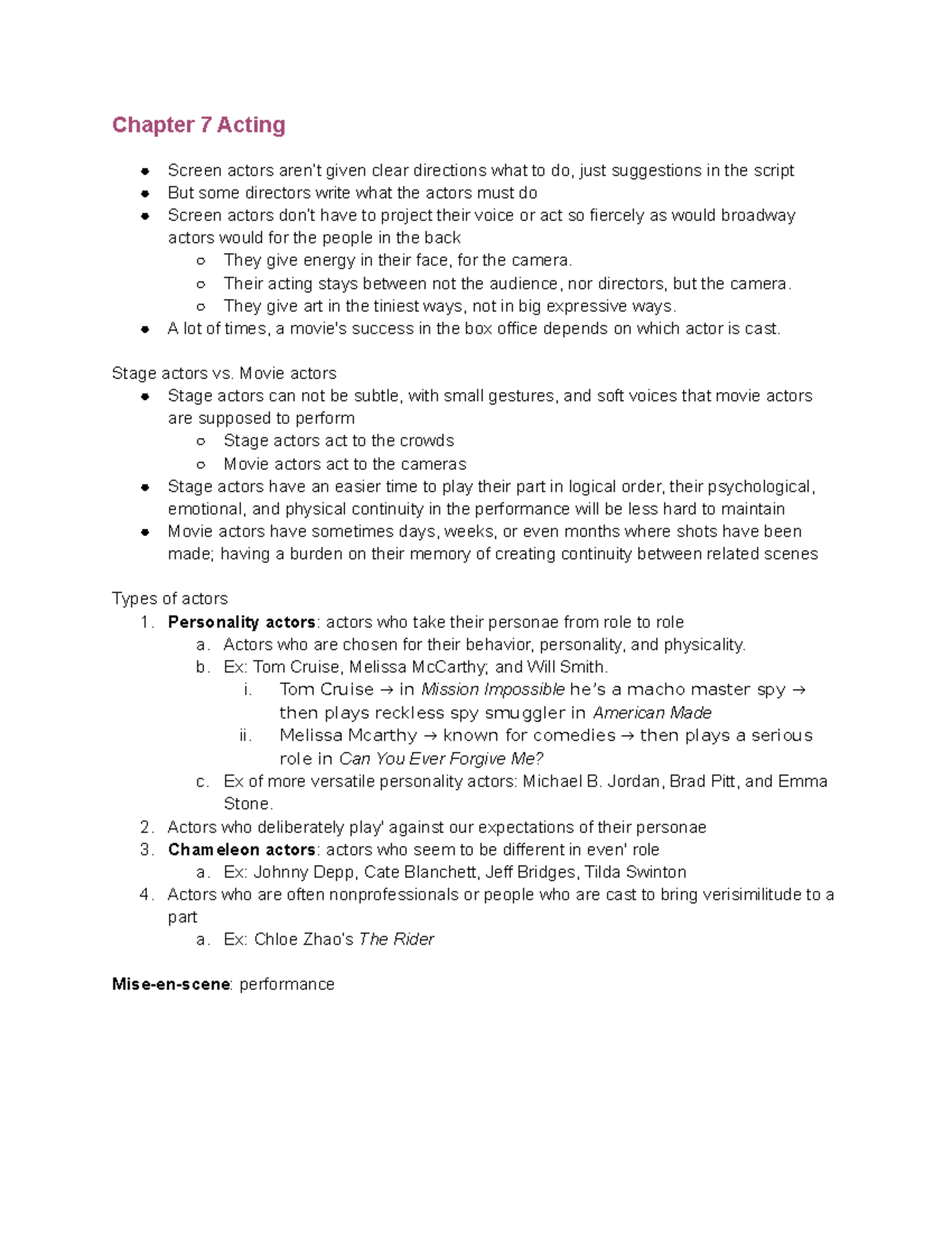Intro to Cinema Chapter 7 Acting - Chapter 7 Acting Screen actors aren ...