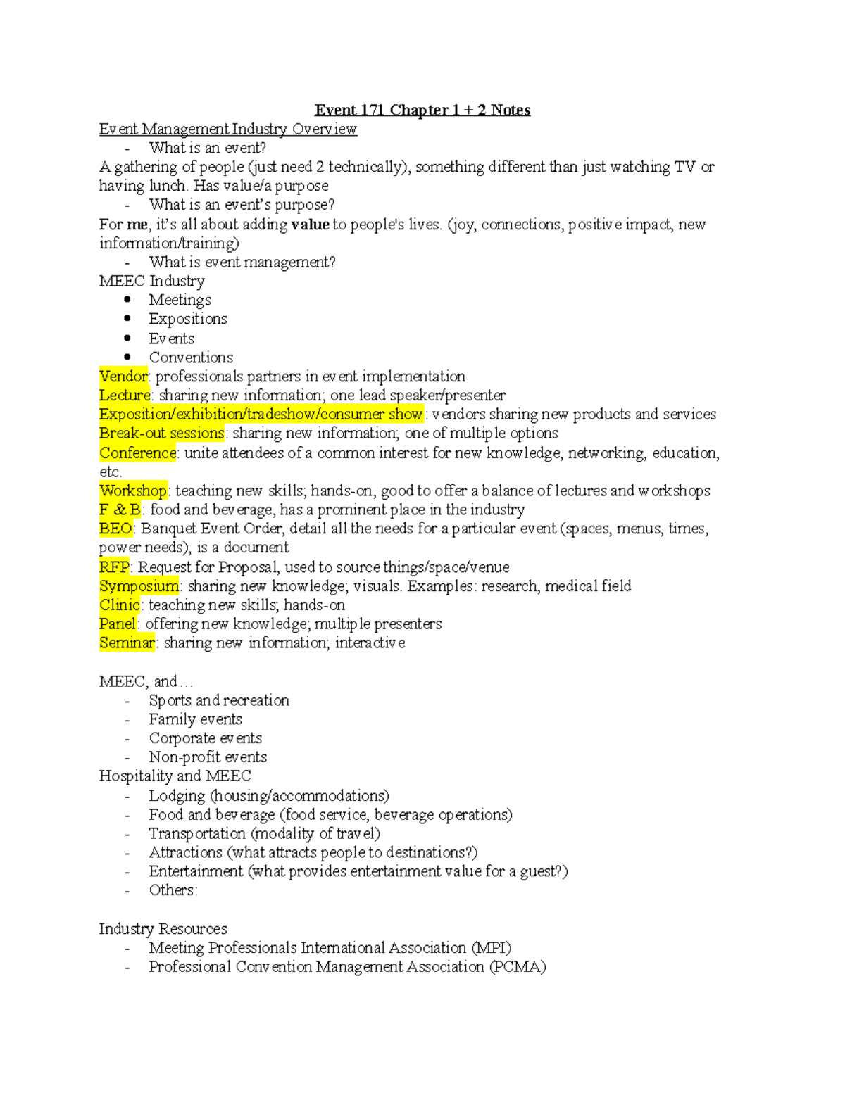 Event 171 Chapter 1 + 2 Notes - Event 171 Chapter 1 + 2 Notes Event ...