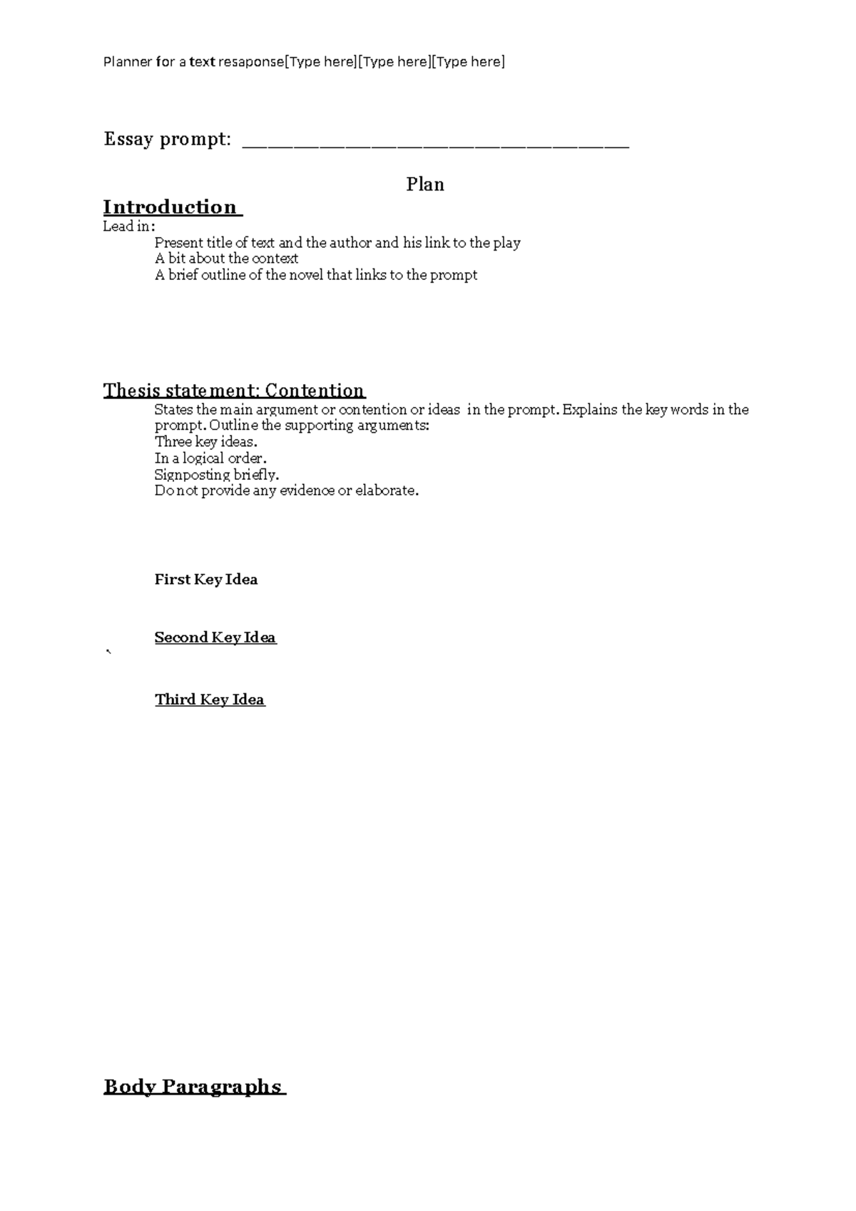 Planner for a text response - Essay prompt ...
