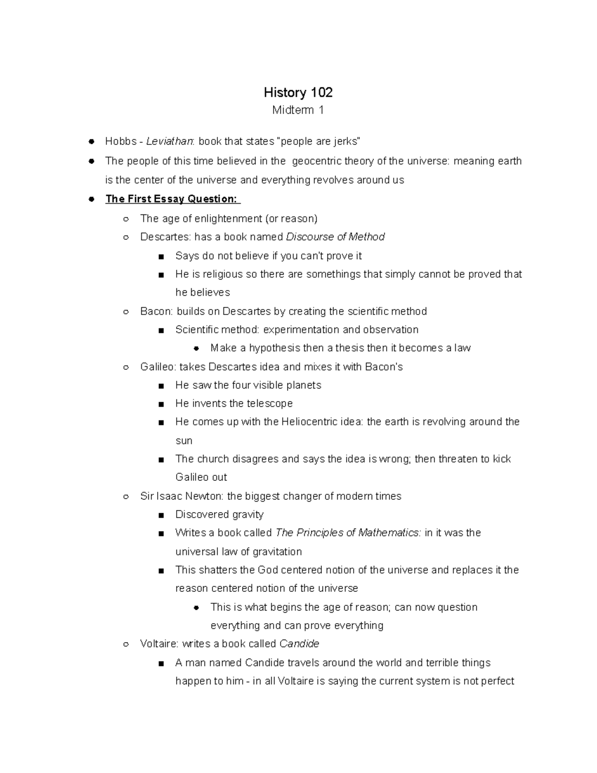 History 102 Midterm 1 Notes - History 102 Midterm 1 Hobbs - Leviathan ...