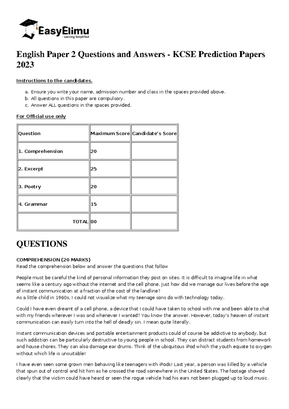 Hs English Paper 2 Questions and Answers - KCSE Prediction Papers 2023 ...