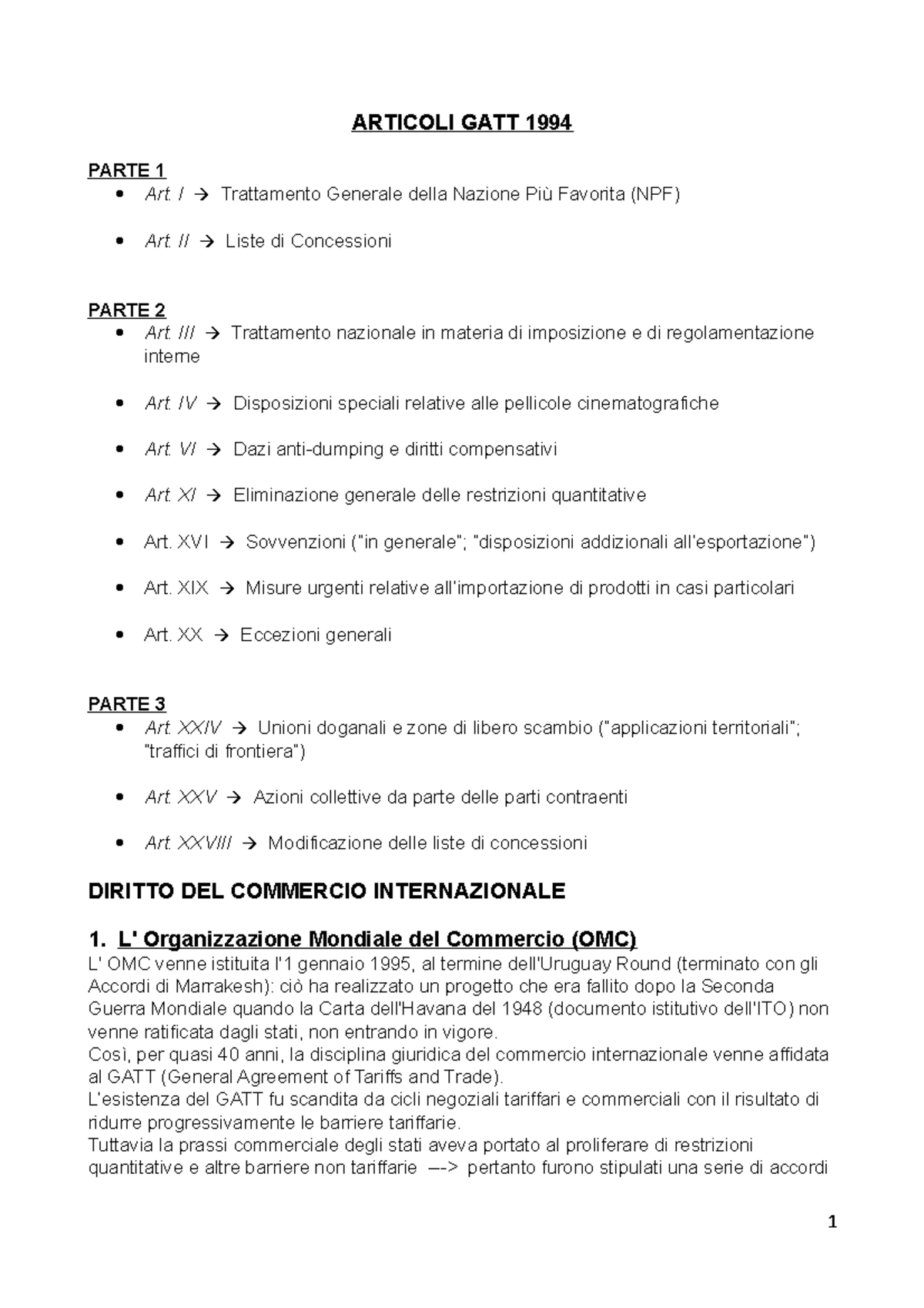 Riassunto OMC mondiale del commercio ARTICOLI GATT