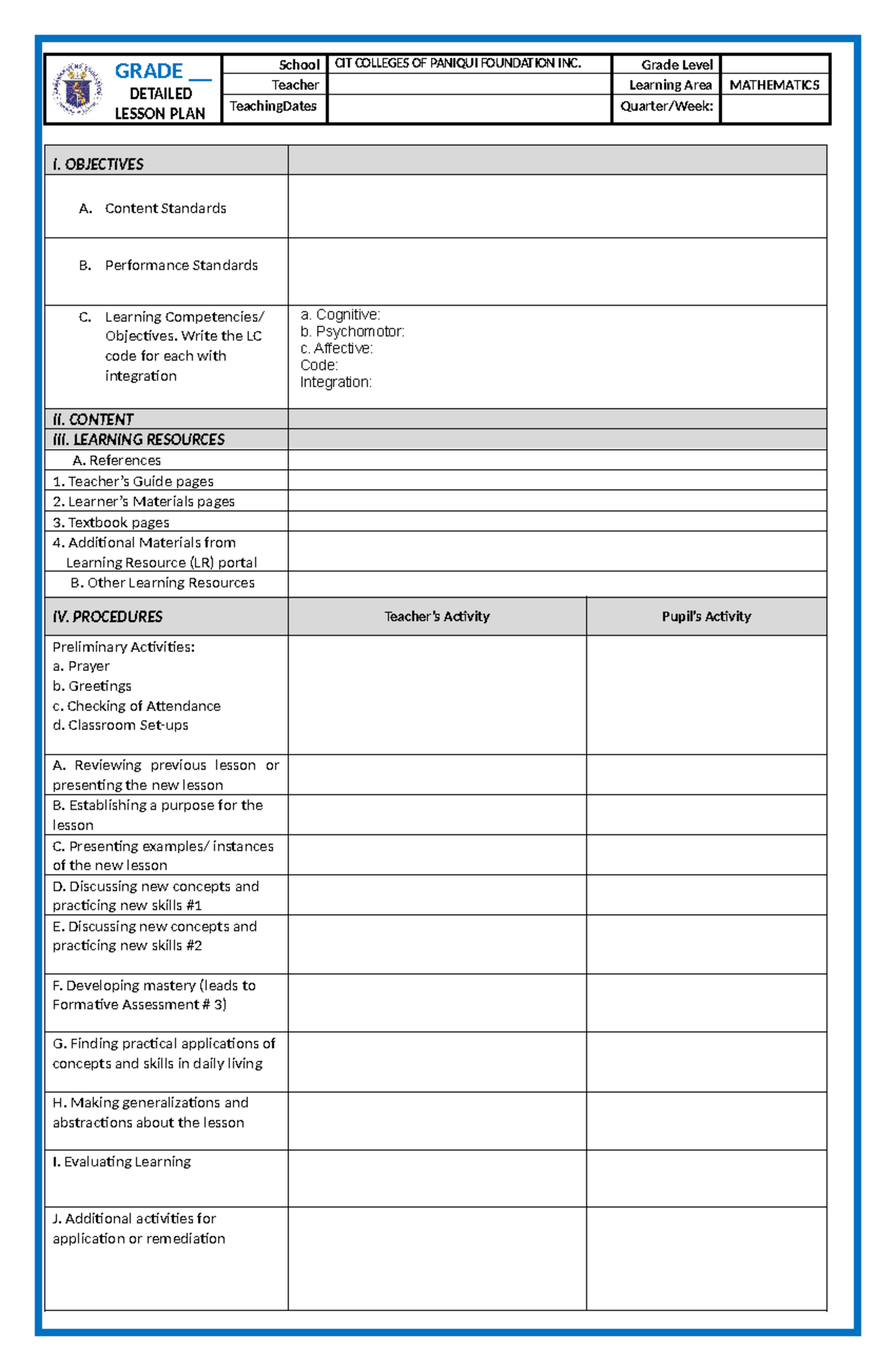 Template of Detailed Lesson Plan - GRADE __ DETAILED LESSON PLAN School ...