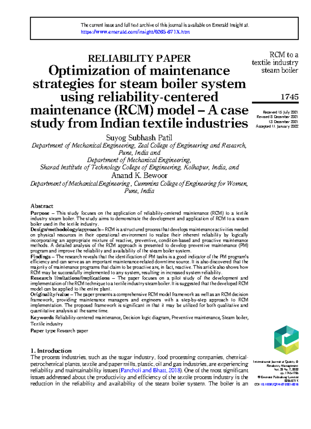 Optimization OF Maintenance - RELIABILITY PAPER Optimization of ...