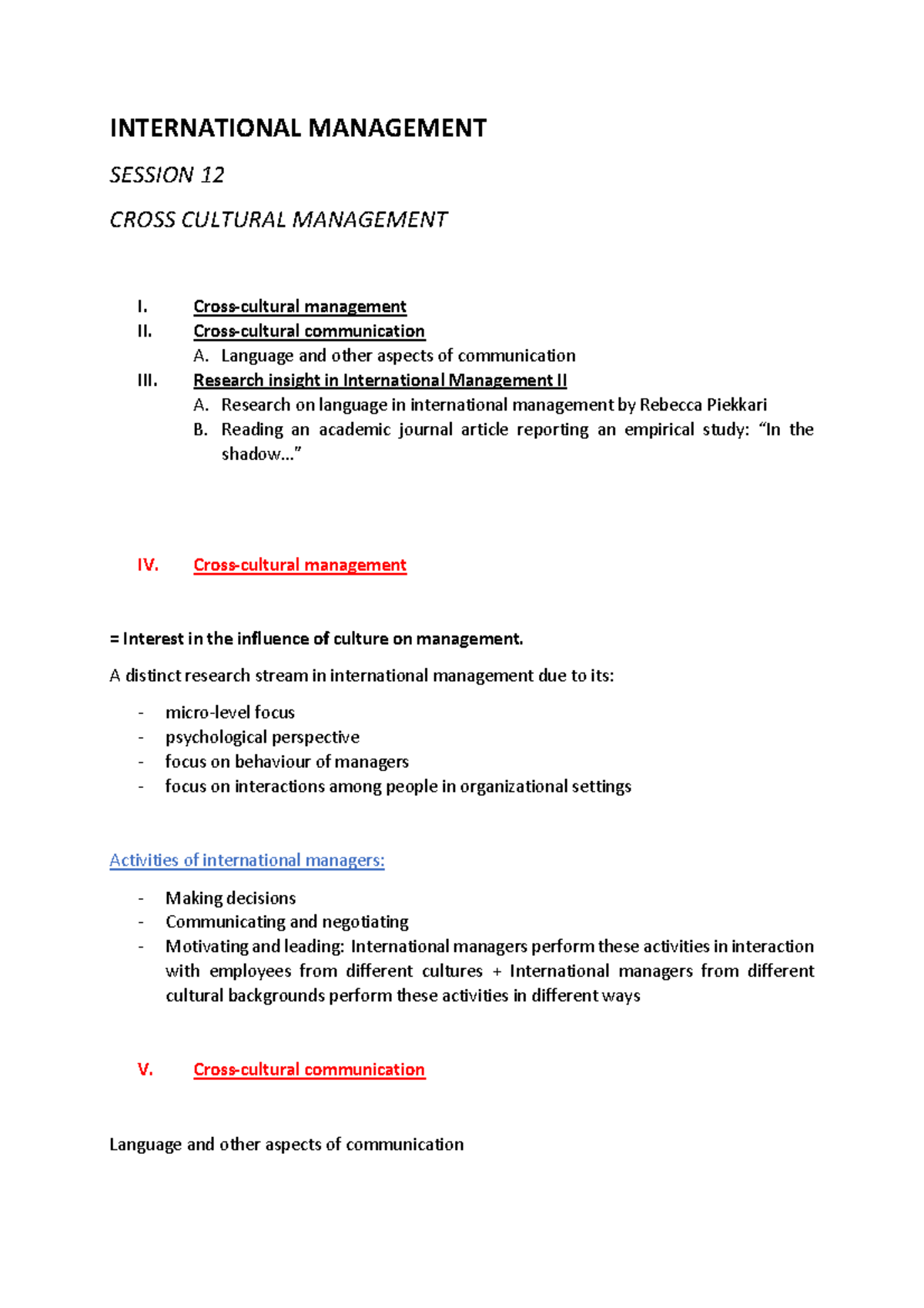 Session 12 - cross cultural management - INTERNATIONAL MANAGEMENT ...