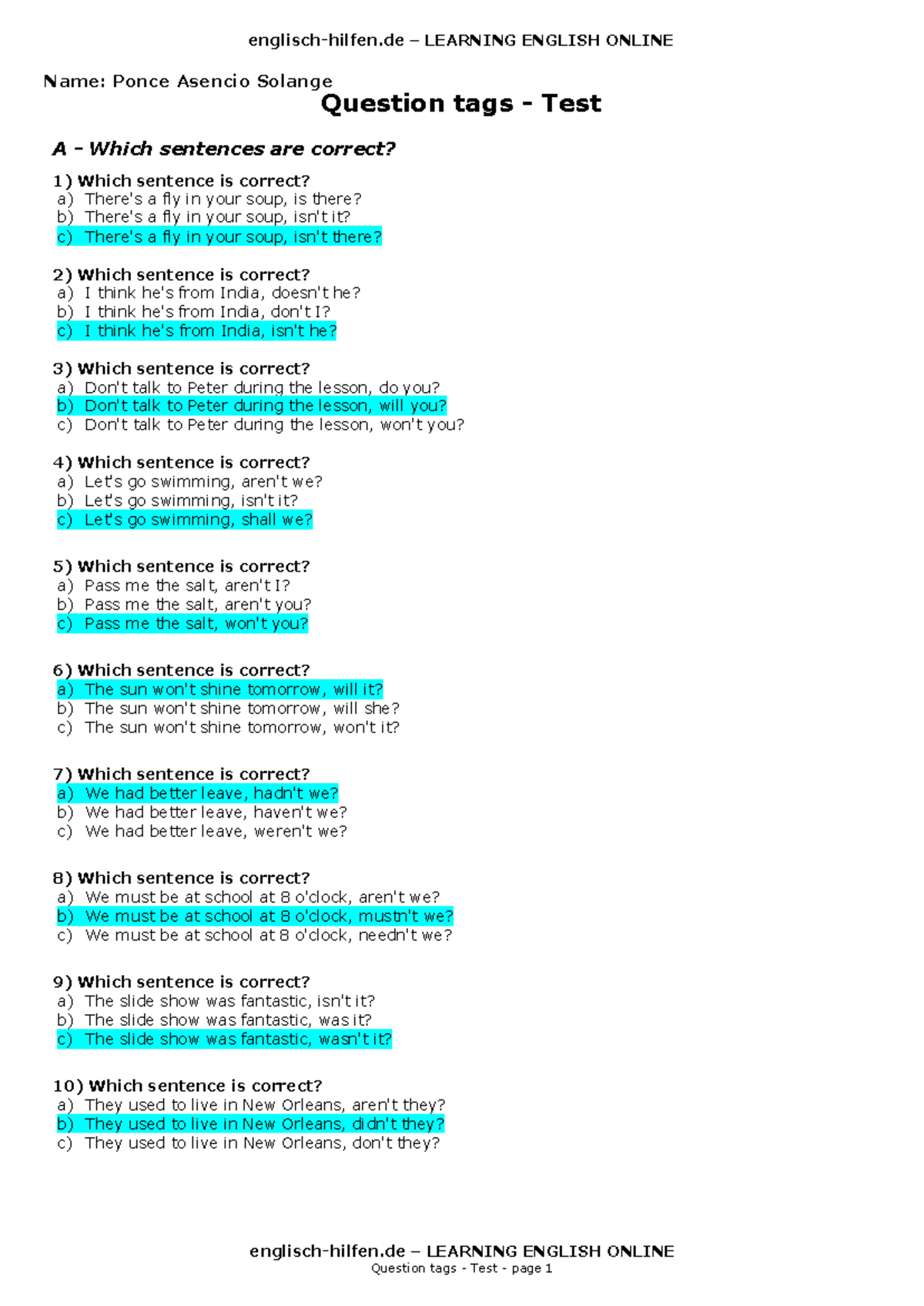 Test question tags Ponce englischhilfen LEARNING ENGLISH ONLINE