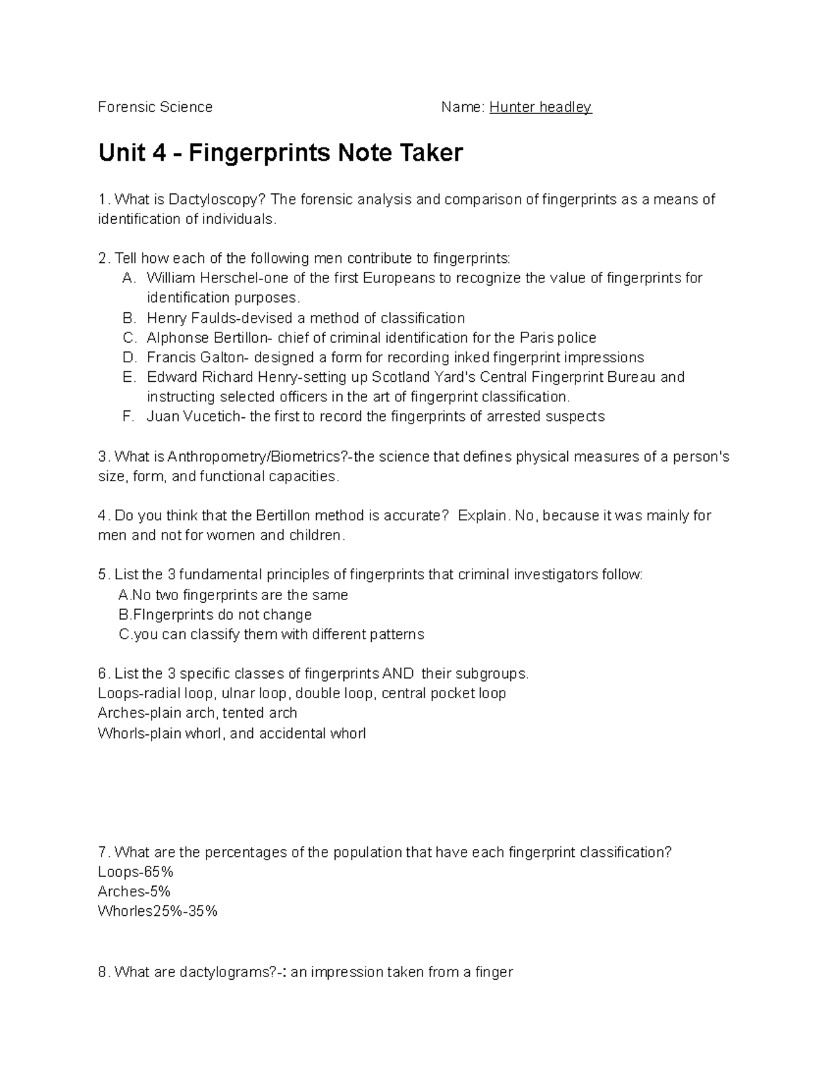 Hunter Headley Unit 5 Fingerprint Note Taker 7302942 Forensic