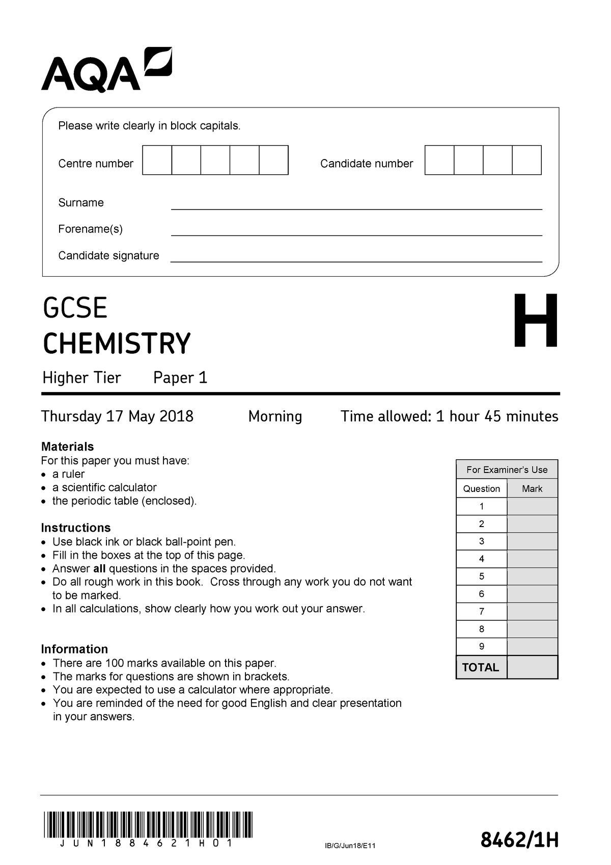 June 2018 QP - Paper 1 (H) AQA Chemistry GCSE - Beacon Academy - Studocu